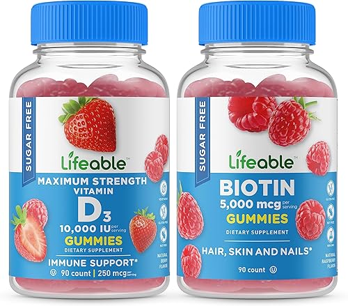 Lifeable Biotina sin azúcar + vitamina D 10,000 IU, paquete de gomitas Gran sabor, sabor natural, suplemento vitamínico, sin gluten, vegetariano,