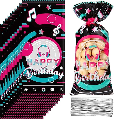 100 bolsas de celofán para fiestas musicales, color negro, rosa, azul, feliz cumpleaños, bolsas de plástico para dulces, bolsas de regalo con 100