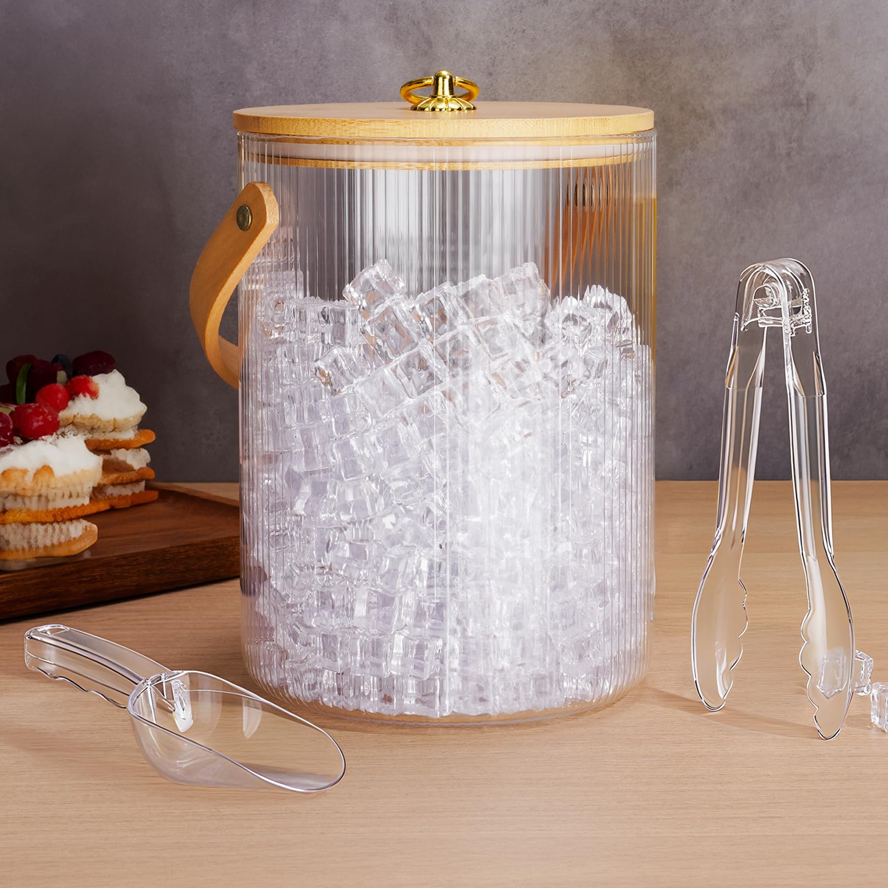 NiHome 3L Glas Eiswürfelbehälter mit Bamboo Deckel, Schaufel & Zange – Eiskübel mit Griff und rutschfester Basis, Eisbehälter für Eiswürfel, ideal zum Kühlen von Bier, Wein und Sekt bei Party oder Bar