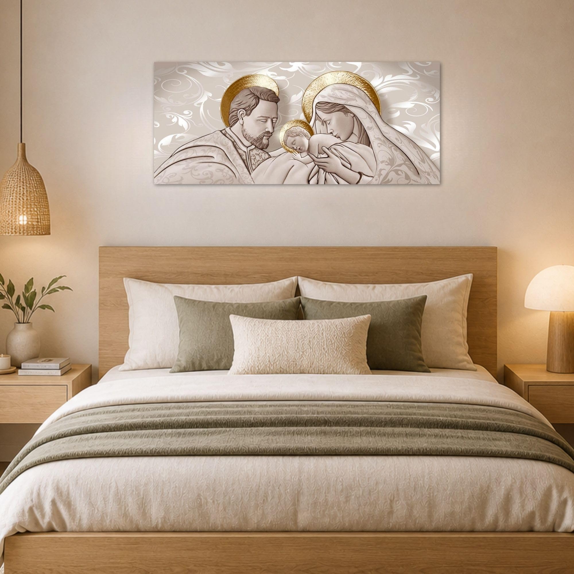 Lupia - Cuadro Moderno Sagrada Familia, Arte Religioso de Alta Definición, Decoración de Pared Artesanal Italiana, Ideal para Sala de Estar y Despacho, Marrón, 52x122 cm, PVC