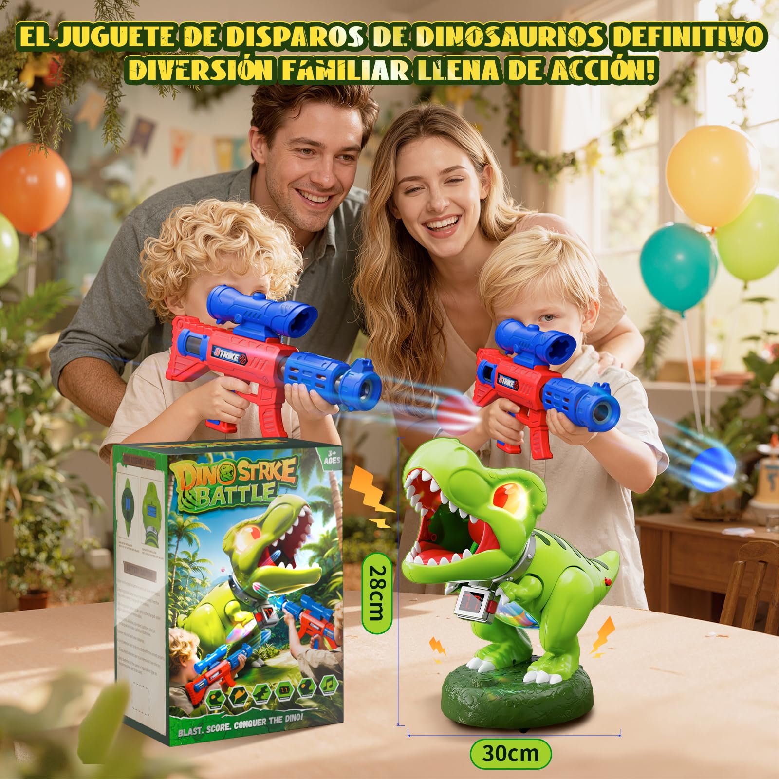 Dinosaurio Movimiento Juguetes de Tiro, Juegos Niños 3-10 Años, 2 Pistolas de Bomba de Aire con Scope, Bola, Rugido, Brillo Abdominal Ojos, LED Contador, Cumpleaños Regalo Niños 3 4 5 6 7 8 9 10 Años