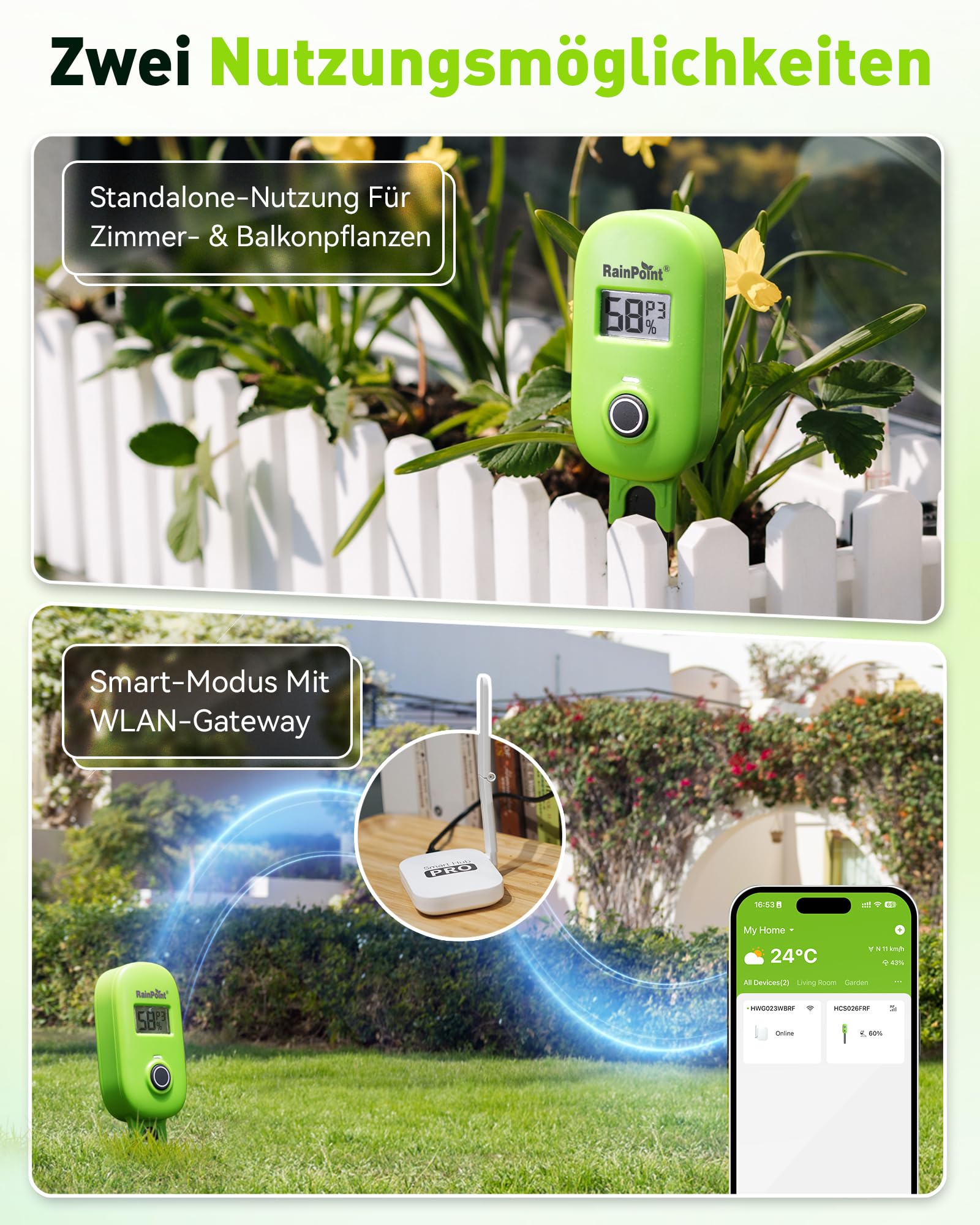RAINPOINT Intelligenter Bodenfeuchtesensor mit App-Anbindung, Gateway erforderlich, Bewässerungssystem (Ohne Gateway)