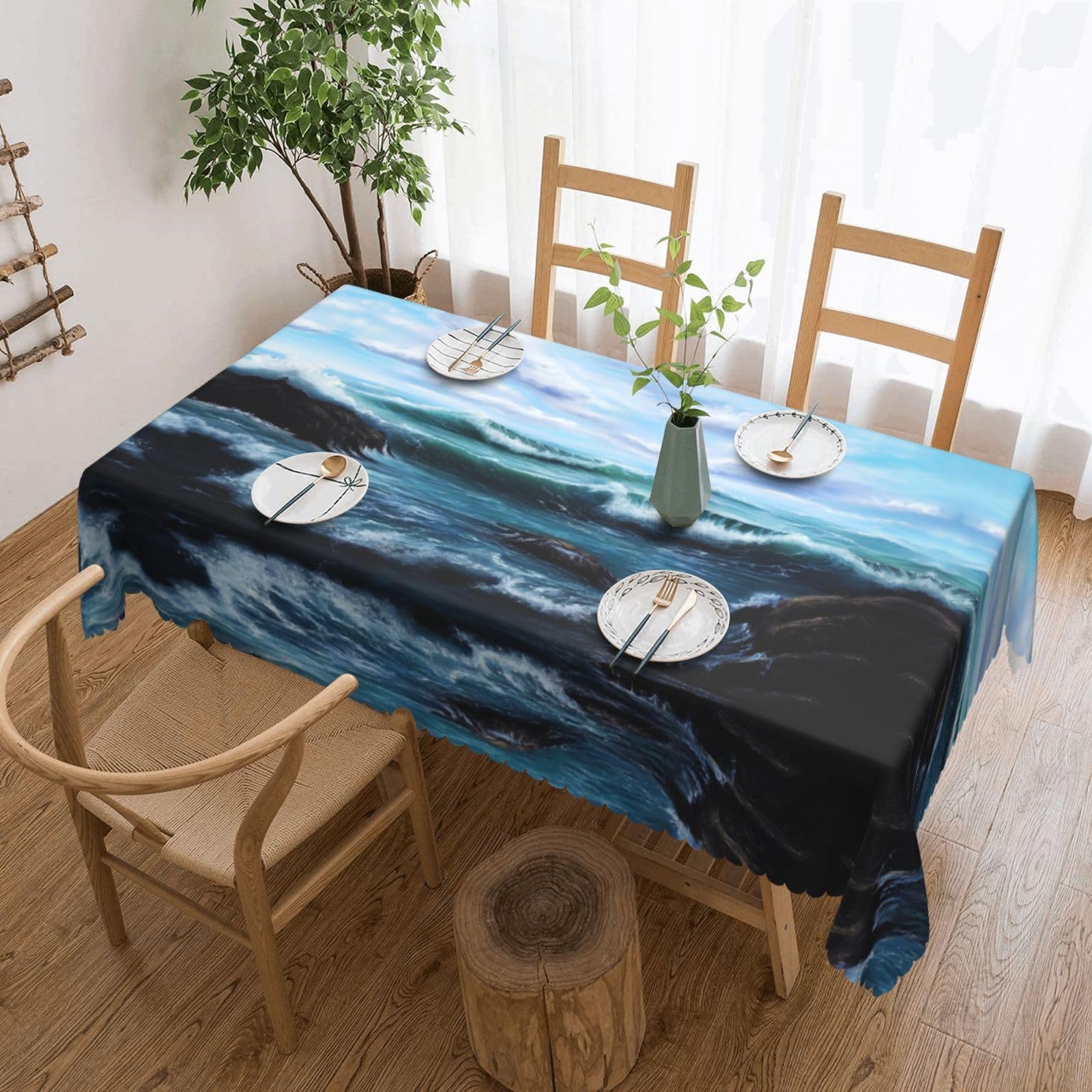 HLSBSSL Blue Sea Landscape Patterned square lace tablecloth, wrinkle-resistant and durable, suitable for dining tables, parties, etc.