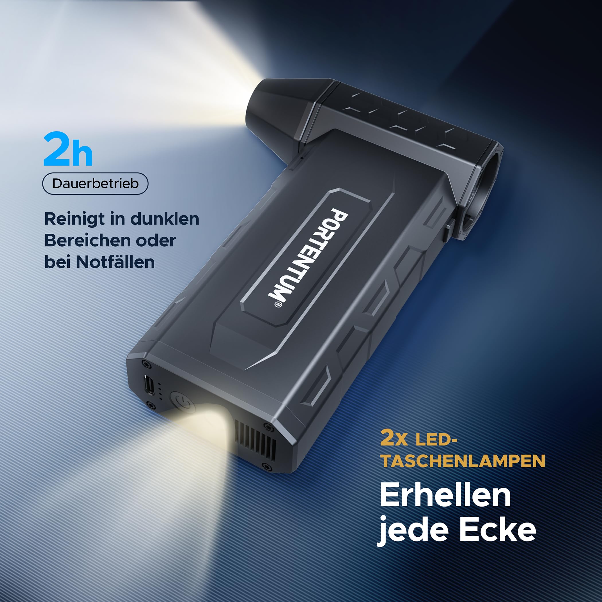 PORTENTUM 3 in 1 Staubgebläse als Druckluftspray 180 km/h – Handstaubsauger Akku 25 kPa – Doppel-LED-Taschenlampe – Set aus 25 Teilen mit 6 Düsen und 13 Bürsten – Air Duster bis zu 115 Min