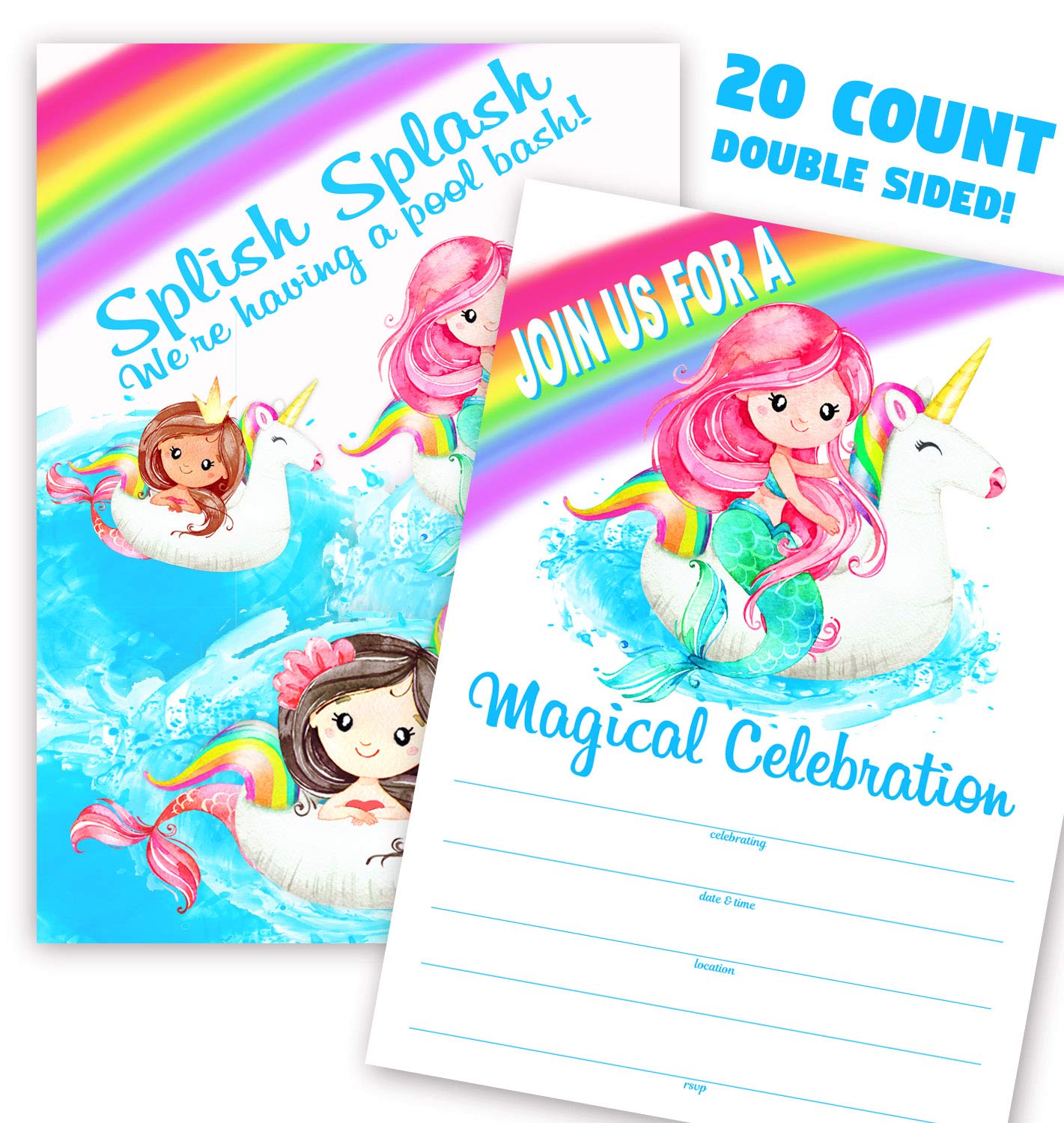 Mermaid Unicorn 20 Invitations - 20 Invitations + 20 Envelopes - Double Sided - Pool Party Invitations - Mermaid Party Supplies - Unicorn Party Supplies - Mermaid Unicorn Party - MU 20ct