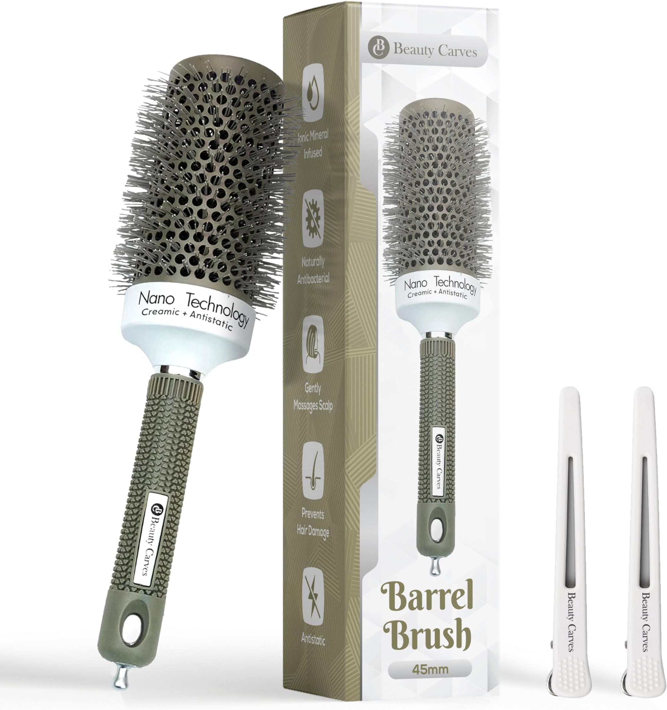 Round Brush, 45 mm/1.7 Inch Barrel with 2 Clips – Round Hair Brush with Flexible Nylon 66 Bristles Nano Ionic Heat Resistant Tech for Professional Curling, Styling & Shining Texture