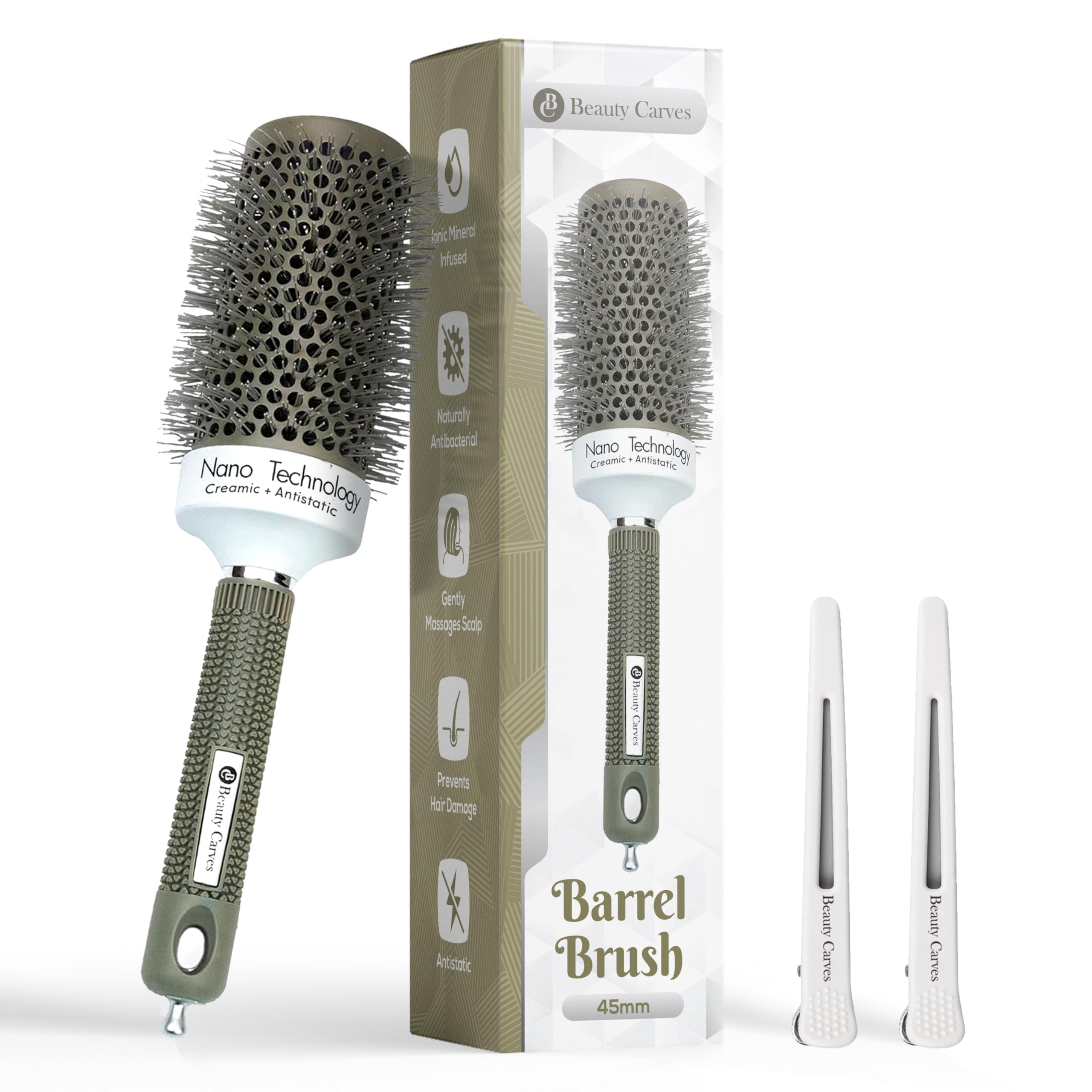 Round Brush, 45 mm/1.7 Inch Barrel with 2 Clips – Round Hair Brush with Flexible Nylon 66 Bristles Nano Ionic Heat Resistant Tech for Professional Curling, Styling & Shining Texture