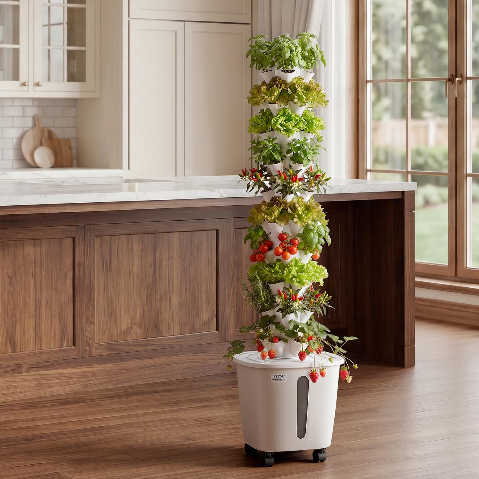 VEVOR Kit de Cultivo Hidropónico, Sistema de Torre Hidropónica, 10 Niveles y 50 Agujeros, con Ruedas Bomba de Agua y Depósito de 20 Litros, Control Inteligente, Torre de Plantación para Hierbas Frutas