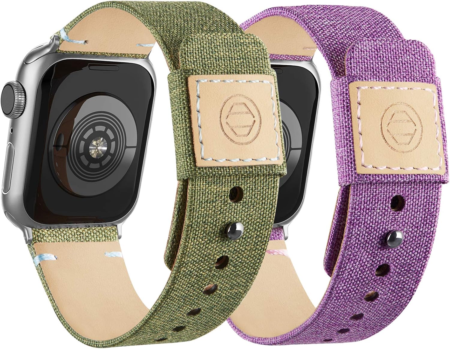 Compatible with Apple Watch Bands 38mm 40mm 41mm, Soft Fabric iWatch Bands Women Men Canvas with Genuine Leather Lining and Snap Button Straps for Apple Watch Series 7/6/5/4/3/2/1/SE,Lavender, Green