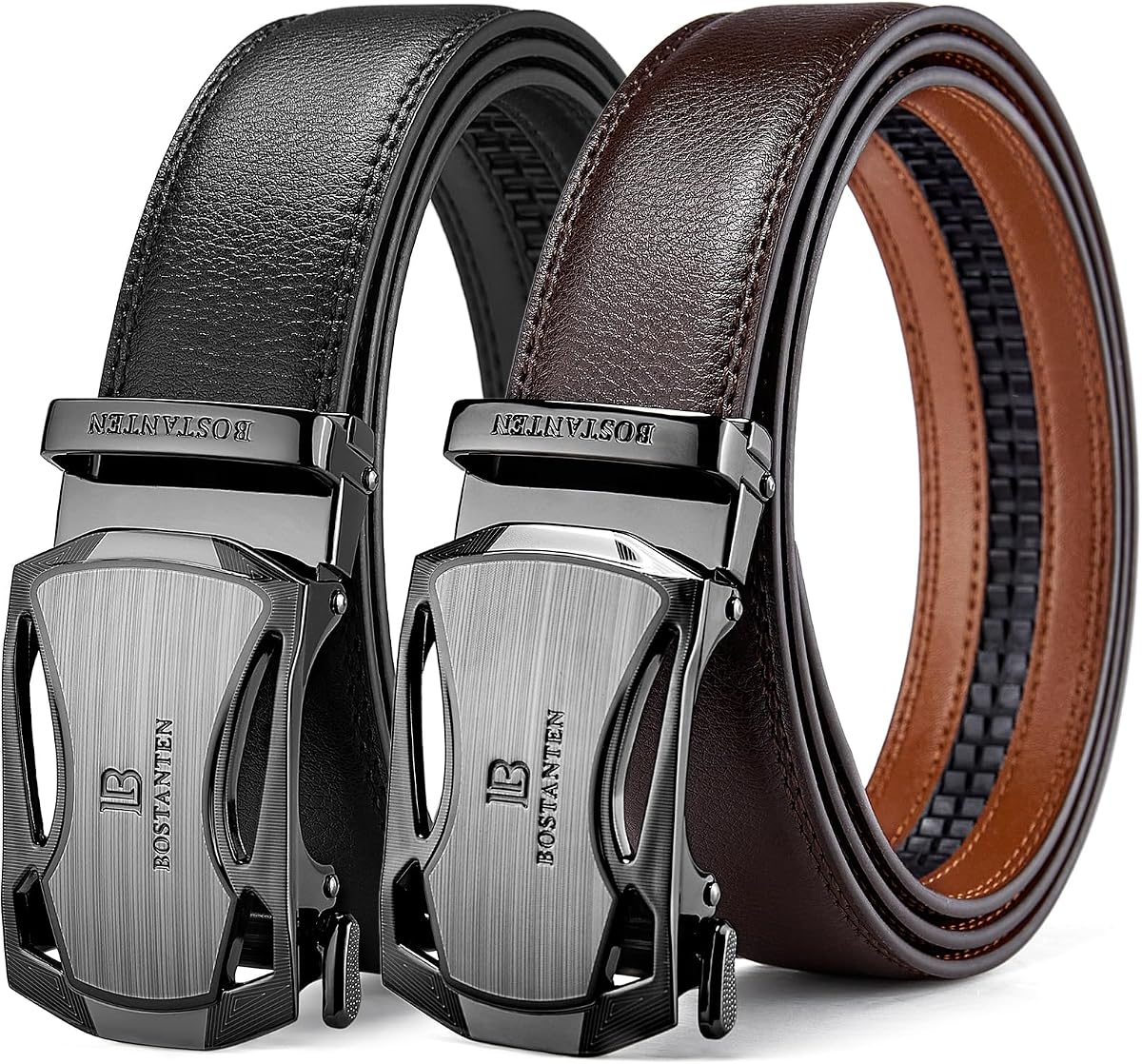 BOSTANTEN Cinturones de cuero con trinquete para hombres, paquete de 2 recortable 1 3/8" en caja de regalo | Deslizamiento suave, hebilla microajustable, tamaño a medida, sin agujeros, vestido o casual