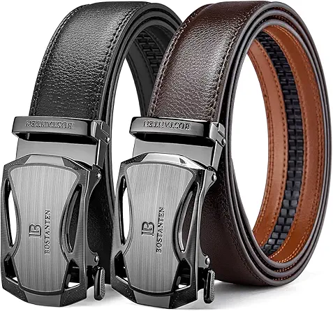 Ratchet Leather Belt For Men 2 Pack Dress and Casual with Adjustable Buckle, Trim to Fit
