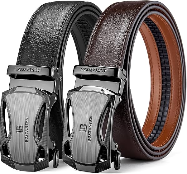 BOSTANTEN Cinturones de Cuero con Trinquete para Hombre Paquete de 2 Recortables de 1 3/8" en Caja de Regalo
