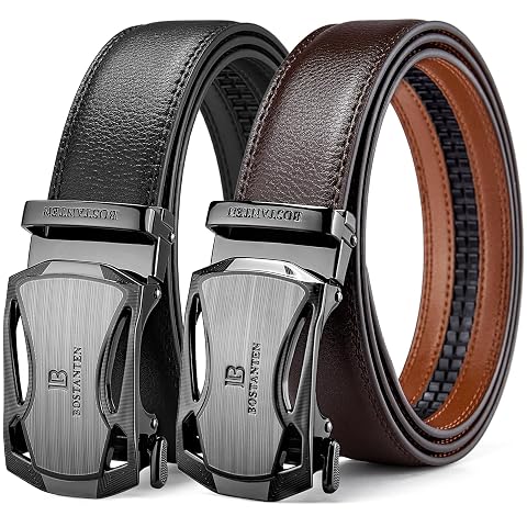 BOSTANTEN Ratchet Leather Belt For Men 2 Pack Dress and Casual with Adjustable Buckle Trim to Fit