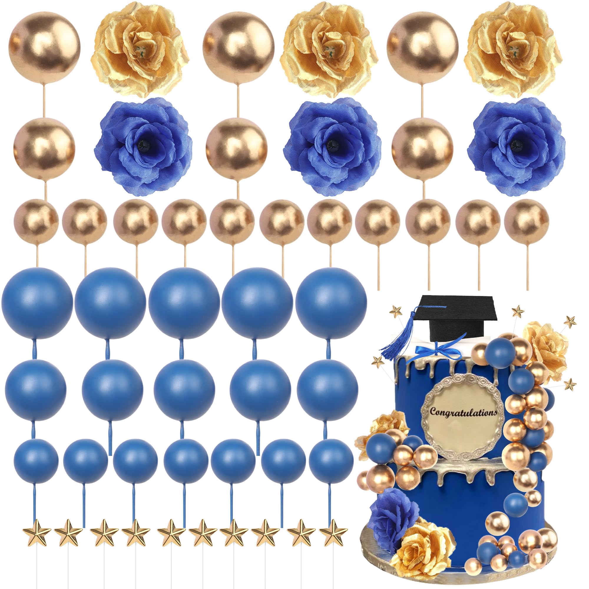 32 Pack Class of 2025 Cake Toppers Graduation Cap Diploma Balls Flower Congrats Grad Cake Picks for 2025 Graduation High School College Senior Cupcake