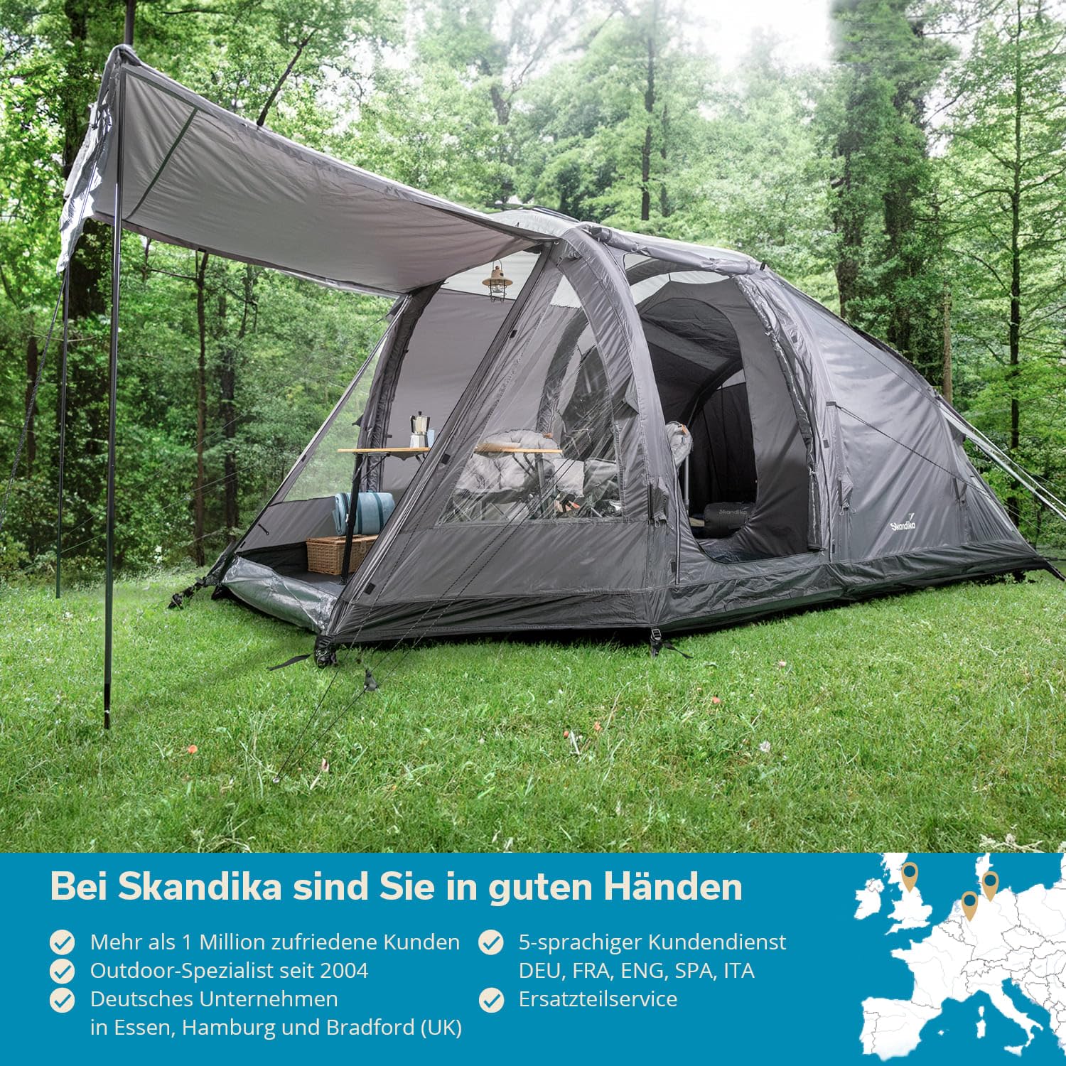 Skandika aufblasbares Zelt Folldal Air Protect | Luftzelt für 4-5 Personen, eingenähter Zeltboden, wasserdicht, 5000 mm Wassersäule, mit Pumpe, Sonnensegel | Camping Zelt, Tunnelzelt, Air Tent