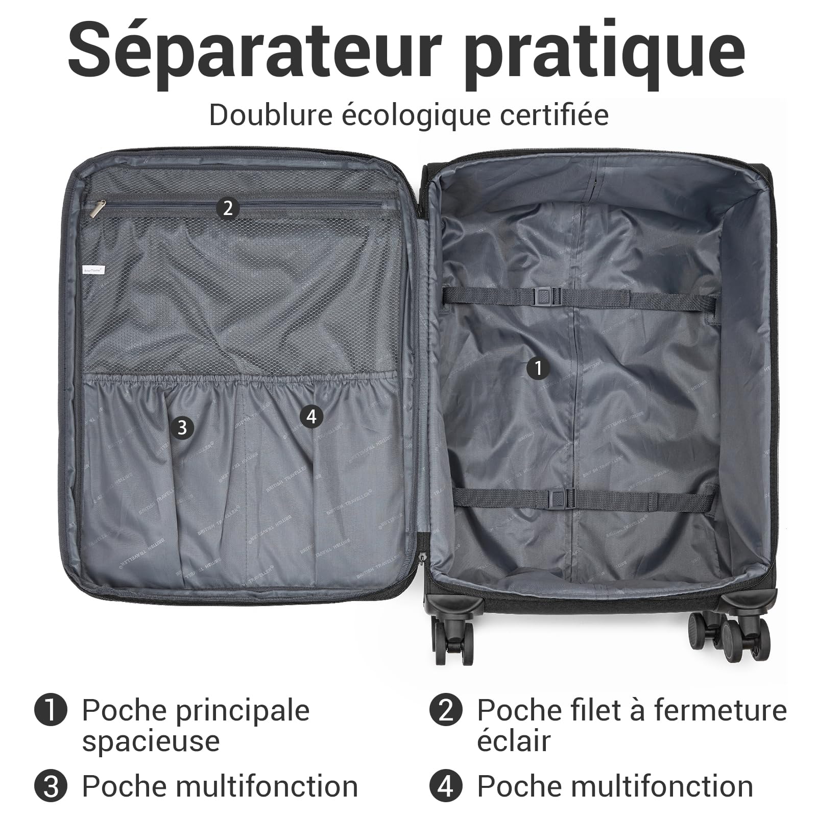 British Traveller Valise Soute de Grande Taille 79.5x49x32.5 cm 100L, Valise Souple et Extensible (+3.5cm - Légère et Résistante avec 4 Roues Silencieuses 360° et Serrure TSA, Noir