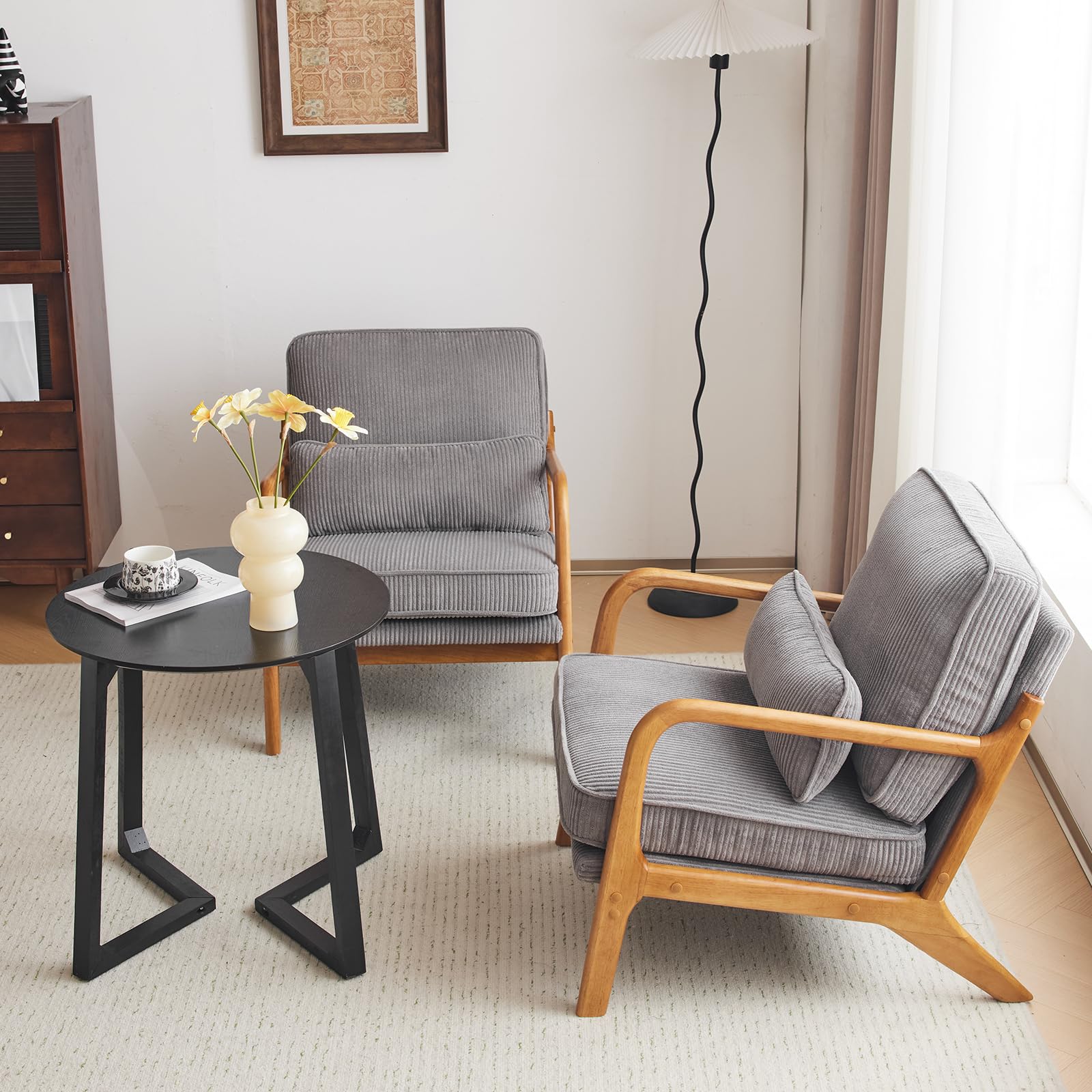 Bonnlo Accent Chair, Soild Wood Padding Lounge Armchairs Set of 2, Occasional Reading Chair with Cushions and Lumbar Pillow, Armchairs for Living Room, Bedroom, Guest Room, Corduroy, Light Grey — image 1