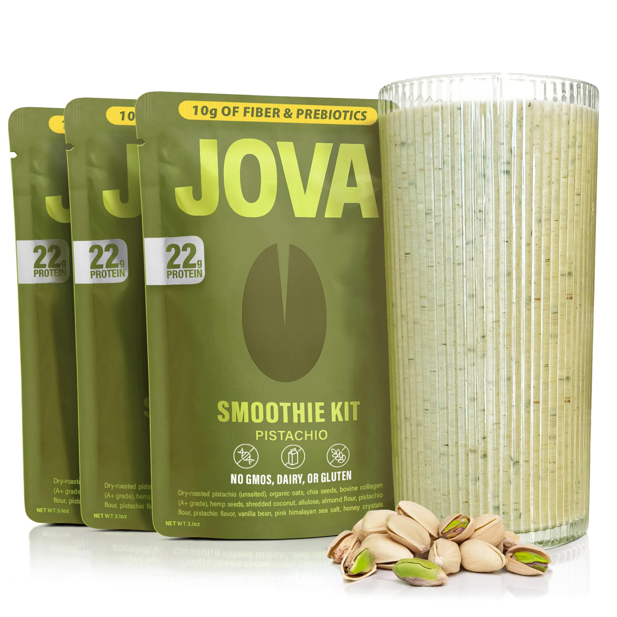 JOVA Pistachio Smoothie Mix | Natural GLP-1, Hunger & Metabolism Support | Support Appetite, Digestion & Gut Health | Ready in 1 Minute (22g Protein, 10g Fiber, 4g Sugar), 3-Pack