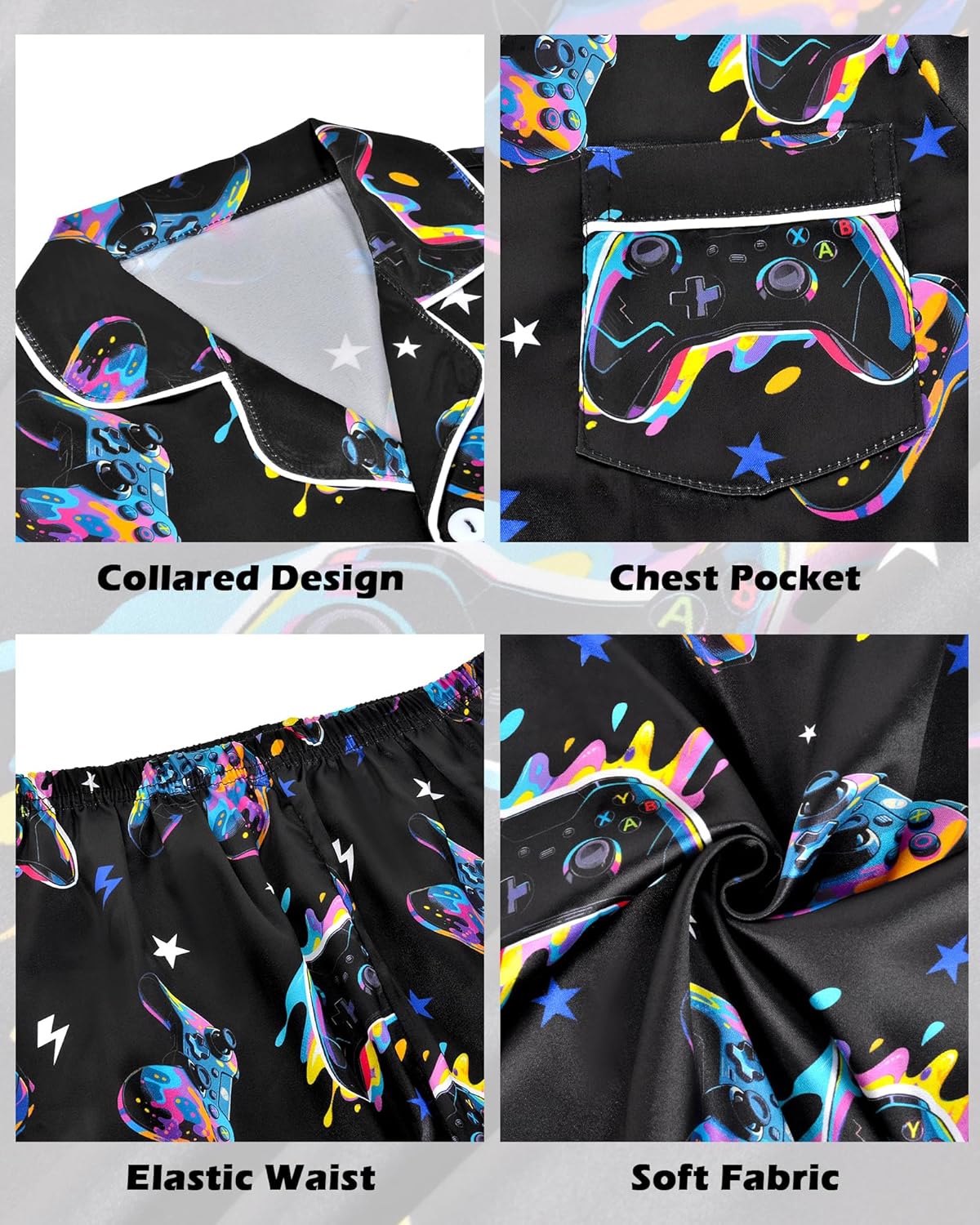 Boys Pajamas Big Boys Silky Pajamas Gamer Satin Long Sleeve and Pants Button Down 2 Piece Pjs Sleepwear Set Size 8-14 - Image 4