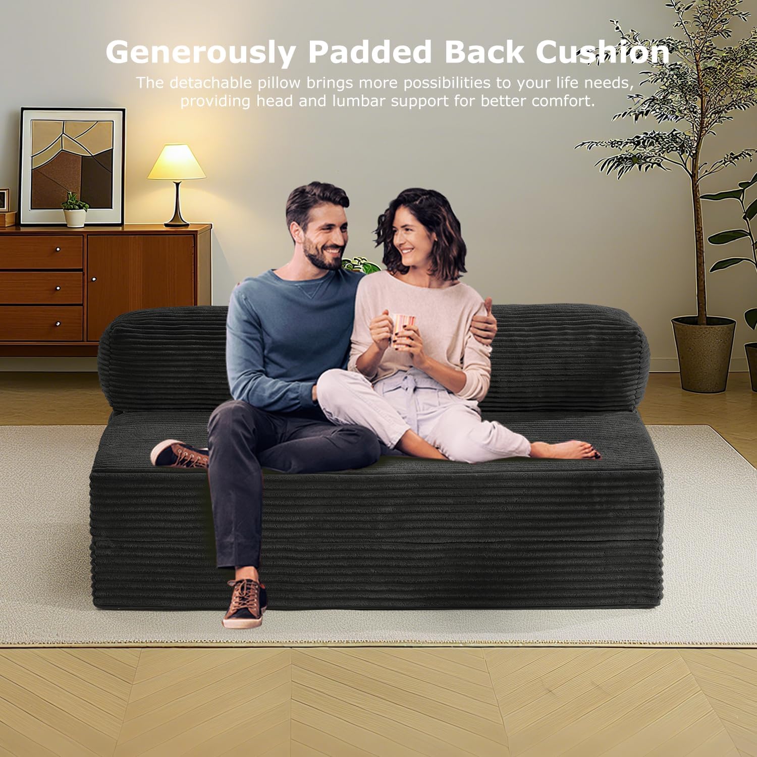 Folding Futon Sofa Bed Full Size, 6 inch Convertible Floor Couch Bed with Removable Corduroy Cover, Pull Out Couch for Small Spaces High-Density Foam,Black