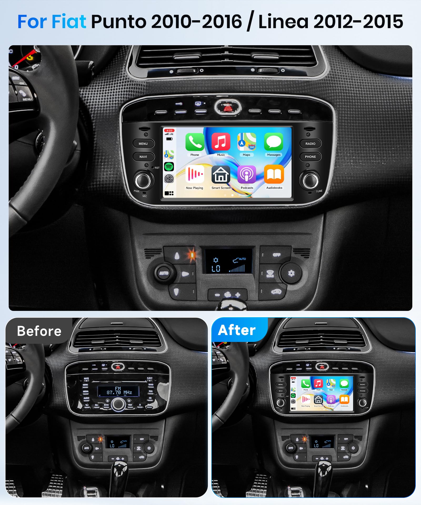 2G+64G Autoradio Android per FIAT Punto 2010-2016, 6.2 Pollici Schermo Tactile Stereo FIAT Punto Evo con Carplay Senza Fili Android Auto Navi GPS WiFi Mirror Link Bluetooth FM/RDS/EQ SWC Retrocamera