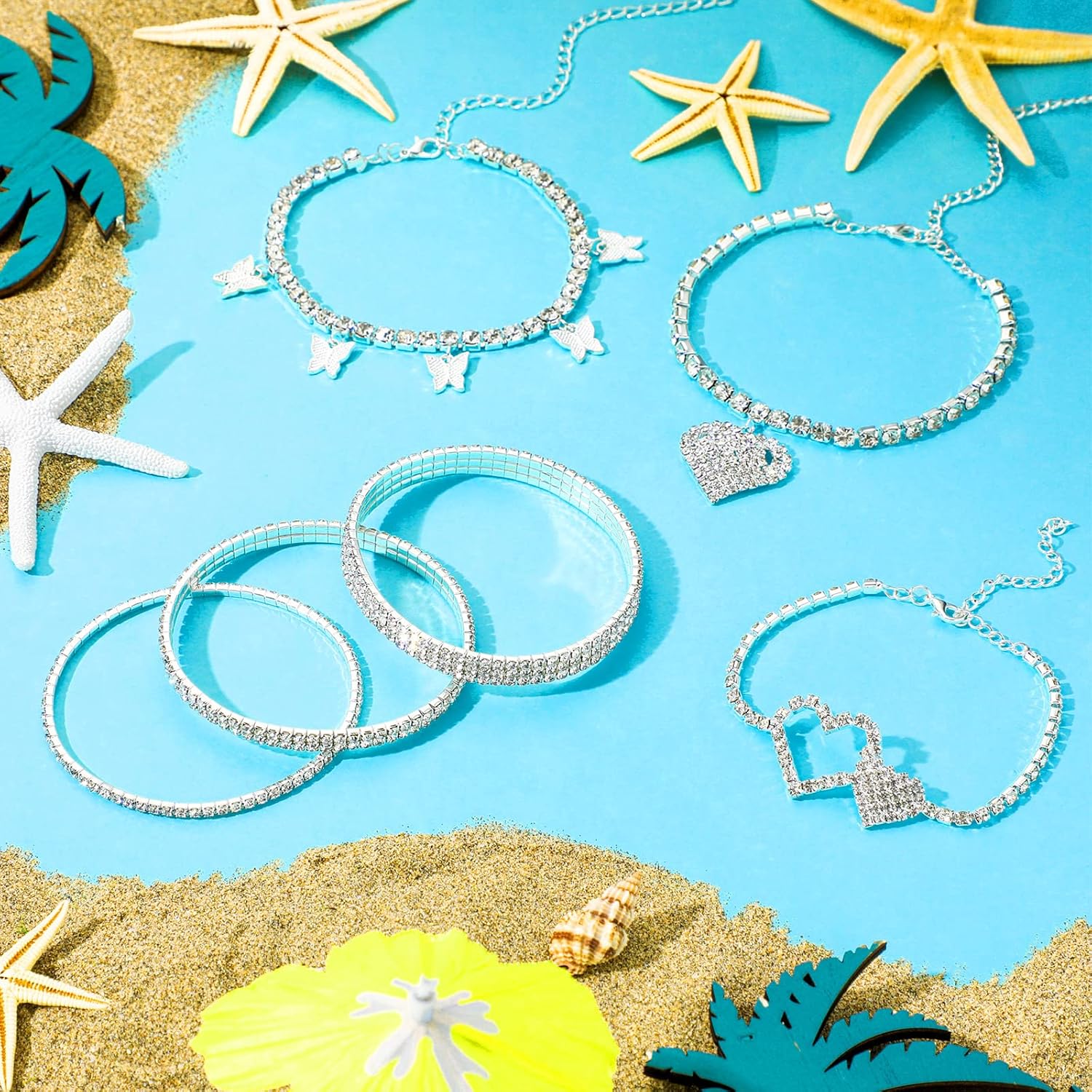 Laumoi 6 Pcs Ankle Bracelets for Women Christmas Rhinestone Stretch Anklet Heart Ankle Bracelets Anklet Jewelry Crystal Foot Chain(Silver, Heart Style) - Image 7