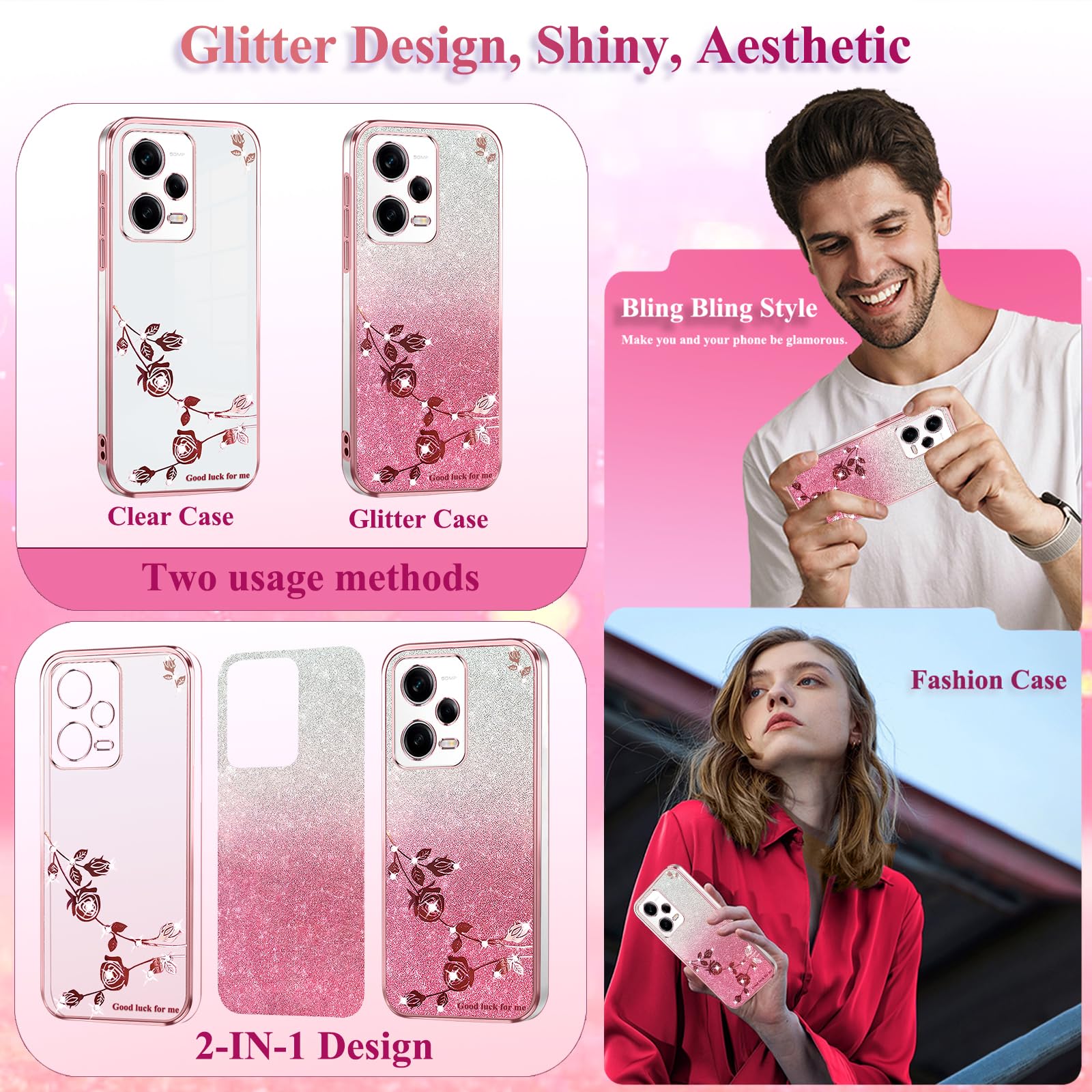 Kainevy Pour Coque Redmi 12 4G Transparent Paillette Degrade Fleur Motif Design Pour Femme Aesthetic Etui Xiaomi Redmi 12 Coque Silicone Antichoc Ultra Fine Glitte Luxe Cover (Bleu Argenté