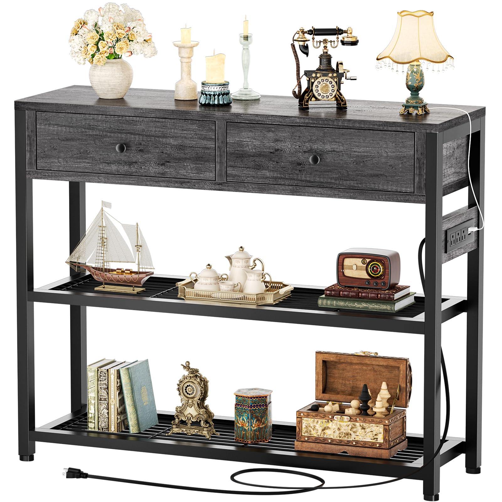 Ecoprsio Entryway Table with Outlets and USB Ports, Small Console Table with 2 Drawers, Sofa Table with Storage Shelves for Living Room, Couch, Hallway, Foyer, Kitchen Counter, 32'', Grey Oak