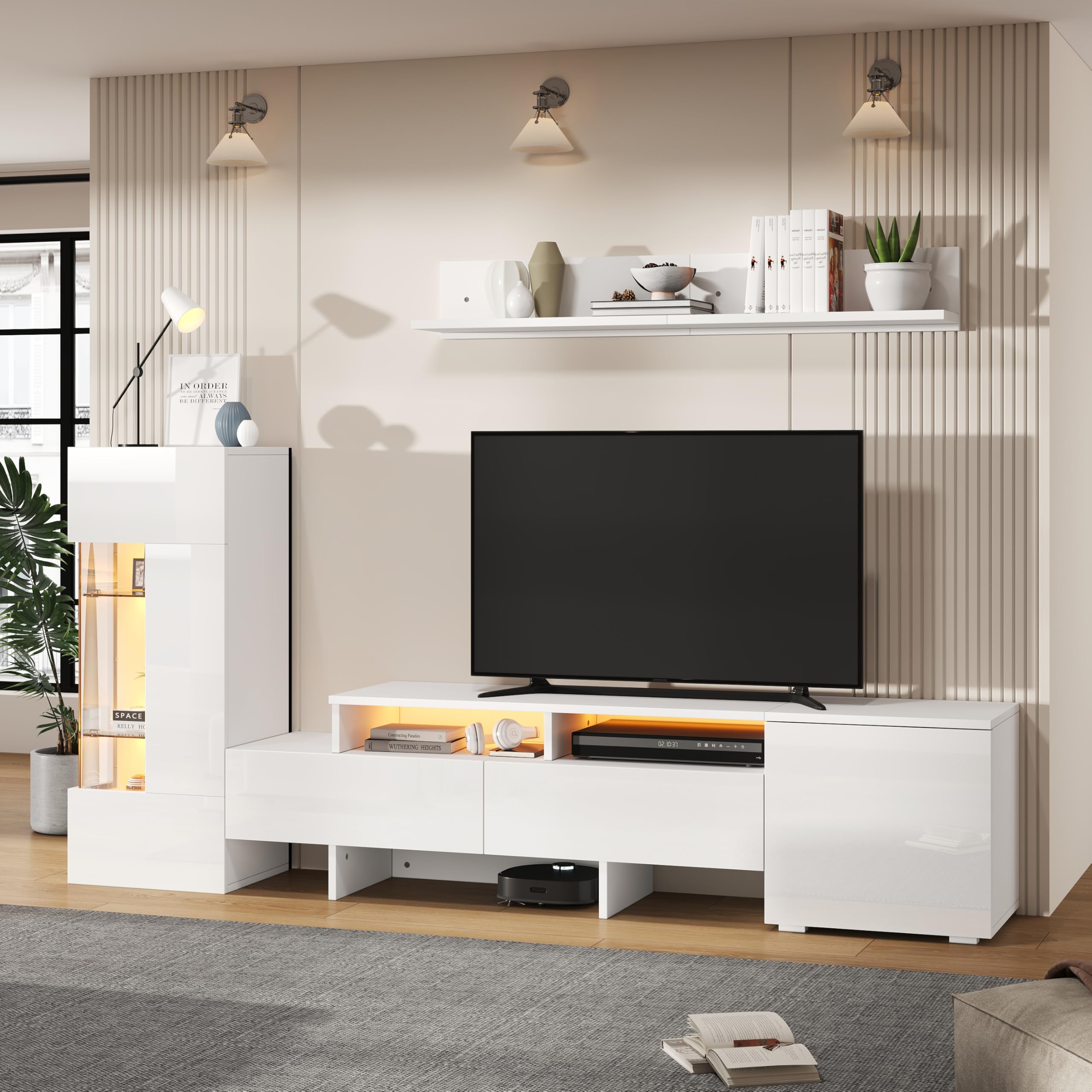 Set di 3 mobili da soggiorno per TV, lucidi, con LED, moderno mobile TV in piedi e sospeso, ante in acrilico, parete divisoria in vetro, bianco, TV fino a 70' (bianco-1)