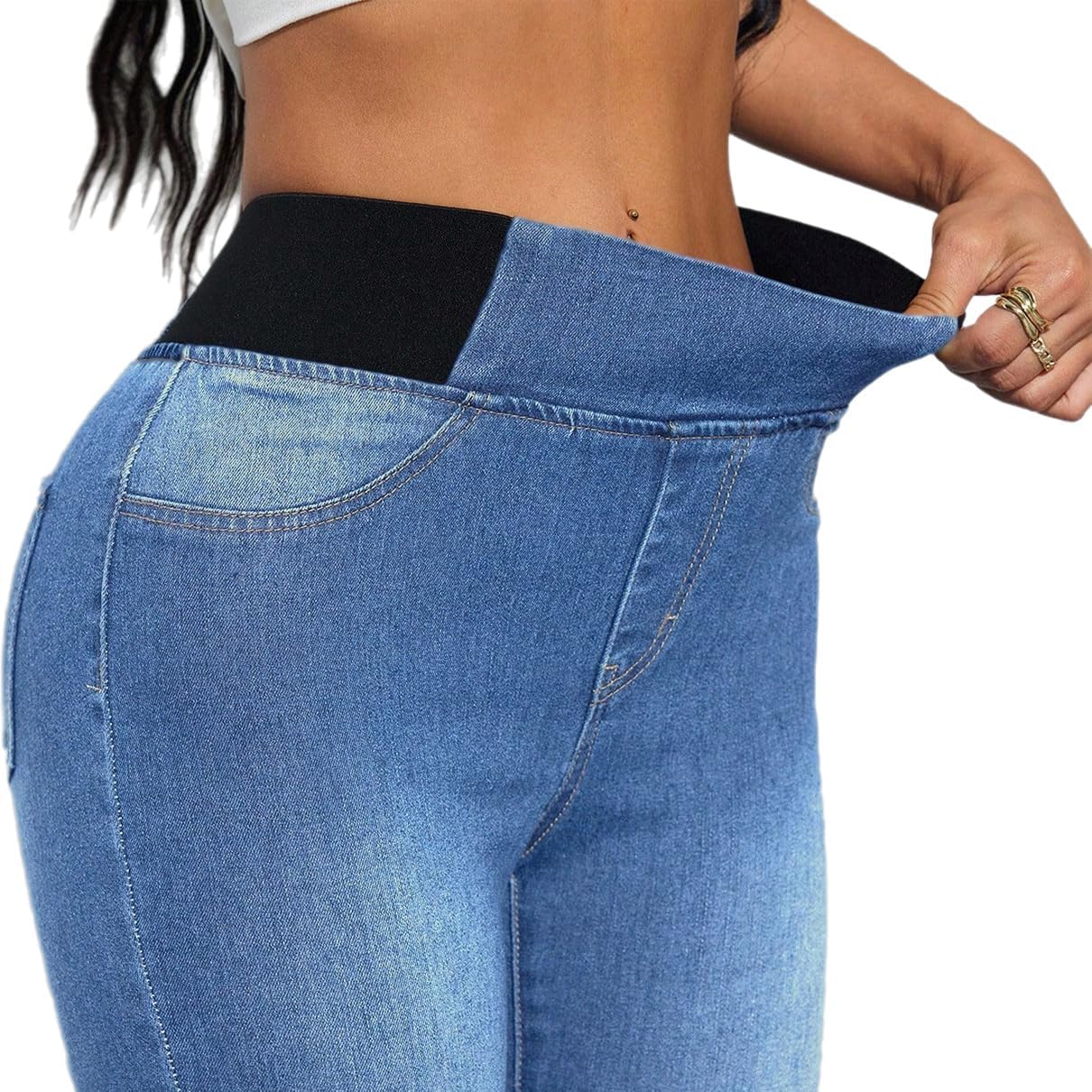 Women's Flared Jeans High Waisted Stretchy Skinny Wide Leg Denim Pants Trendy Colorblock Pull on Sweatpants Jeans