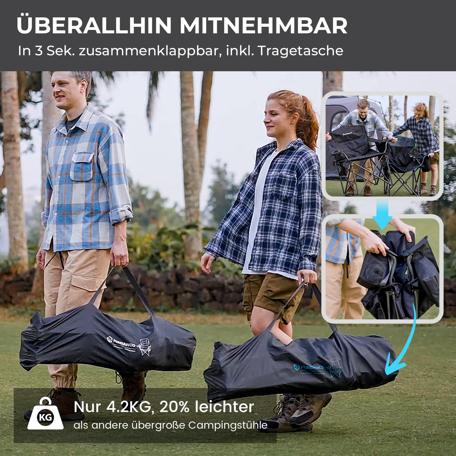 FUNDANGO Campingstuhl Faltbar 250KG Übergroßer Camping Stuhl Gepolster mit Verstellbarer Rückenlehne, Klappstuhl Camping mit Getränkehalter & Kühltasche XXL Angelstuhl Outdoor Stuhl, Schwarz/Grau