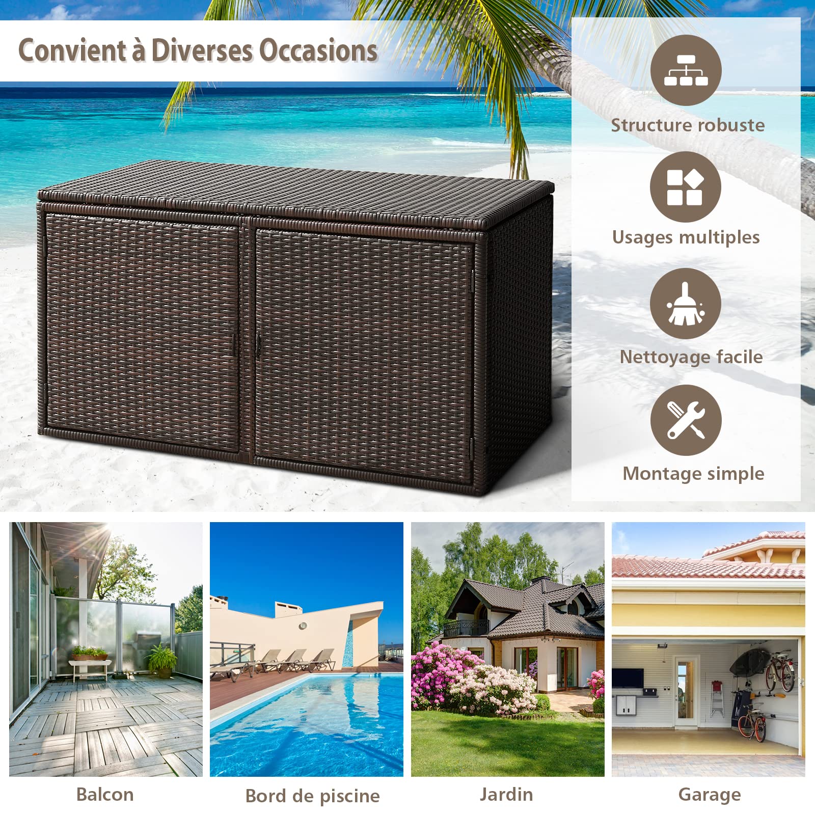 COSTWAY Coffre de Rangement Extérieure en Rotin 335L, Boîte de Rangement avec Couvercle 2 Portes 2 étagères Cadre en Acier, pour Ranger des Outils Jouet Accessoires 115x60x65CM (Marron)