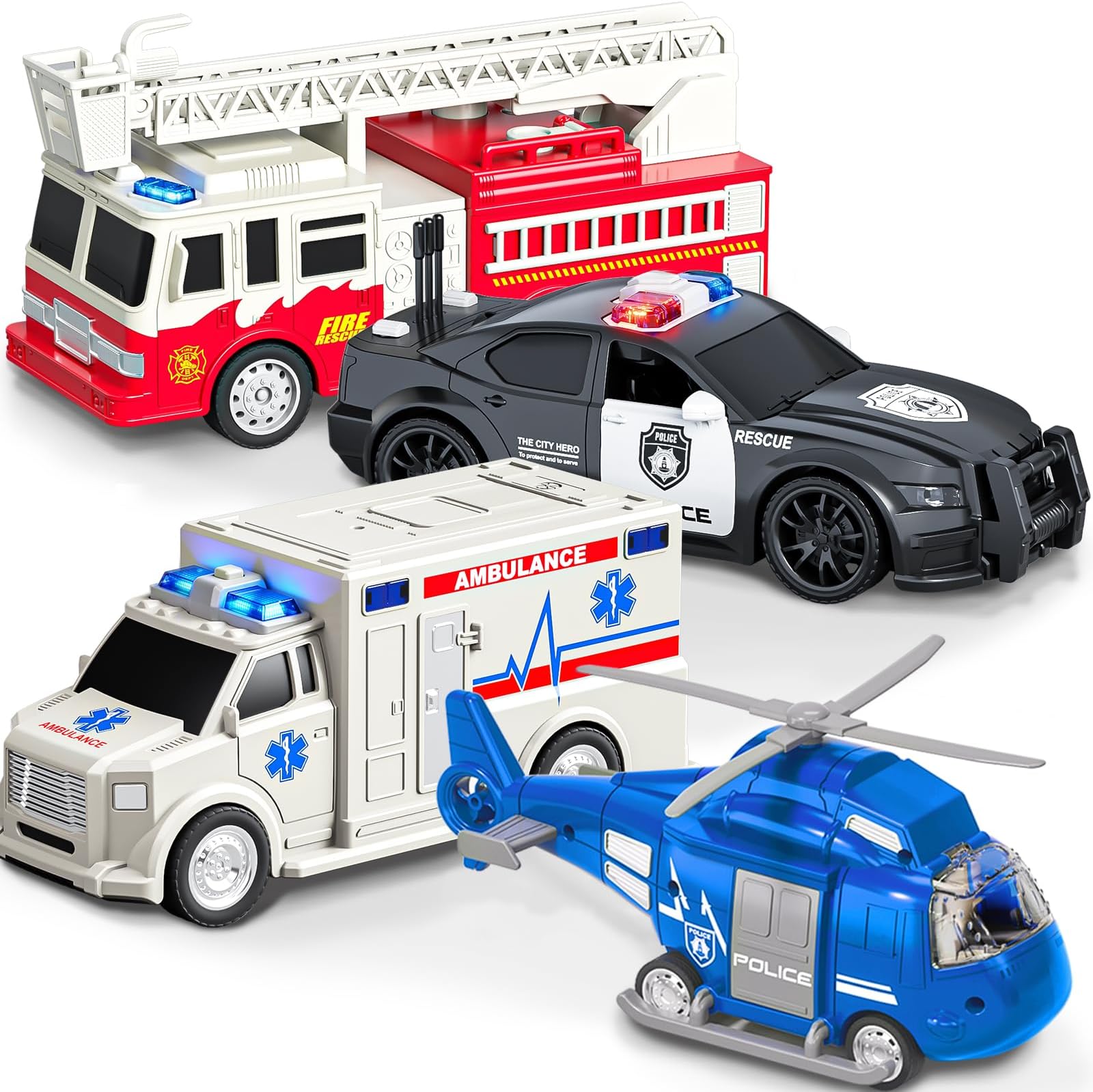 EPPO 4 Packs Fire Truck Toy, Ambulance, Police Car, and Helicopter, Emergency Vehicle Truck Toy Set with Lights and Sounds, Friction Powered Car Toy for Toddler Boys Girls 3 4 5 6 Years Old