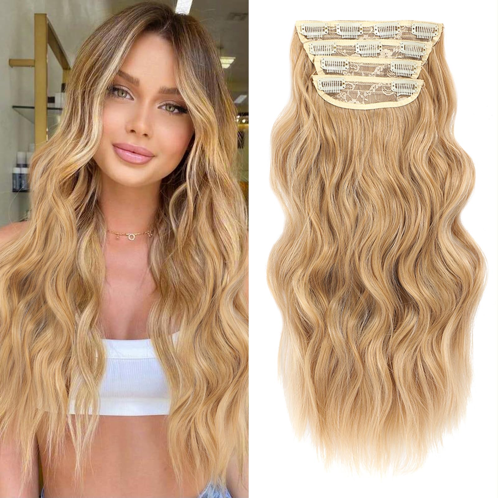 NAYOO Honey Blonde Clip In Hair Extensions 4PCS Wavy Curly Hair Extensions Synthetic Fiber Double Weft Soft Hairpieces For Women（20 inch, Honey Blonde