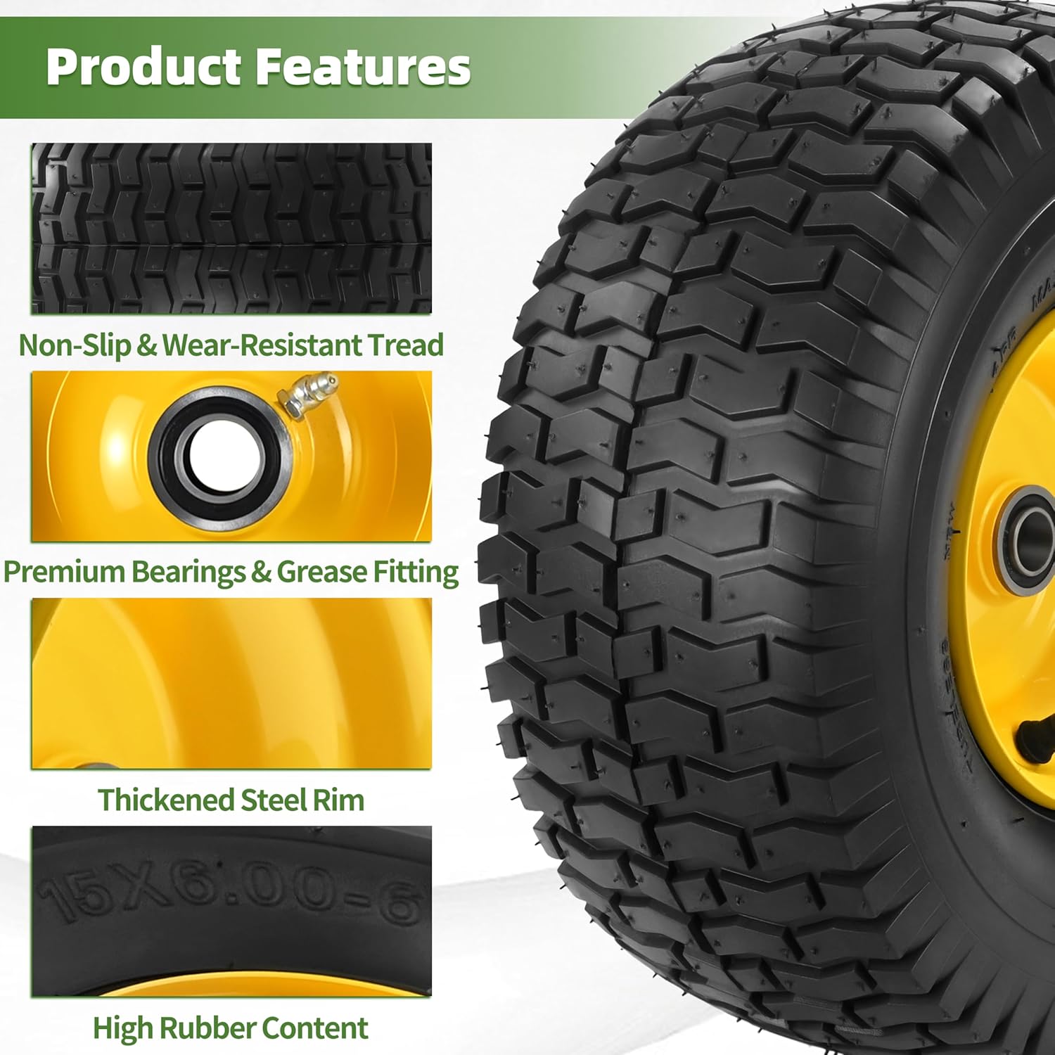 2 Pcs 15x6.00-6 Tubeless Lawn Mower Tire and Wheel, 3" Offset Hub and 3/4" & Extra 5/8" Bearings, 15x6-6 Front Tire Assembly, Compatible with John Deere/Craftsman/Cub Cadet Riding Lawn Mower Tires