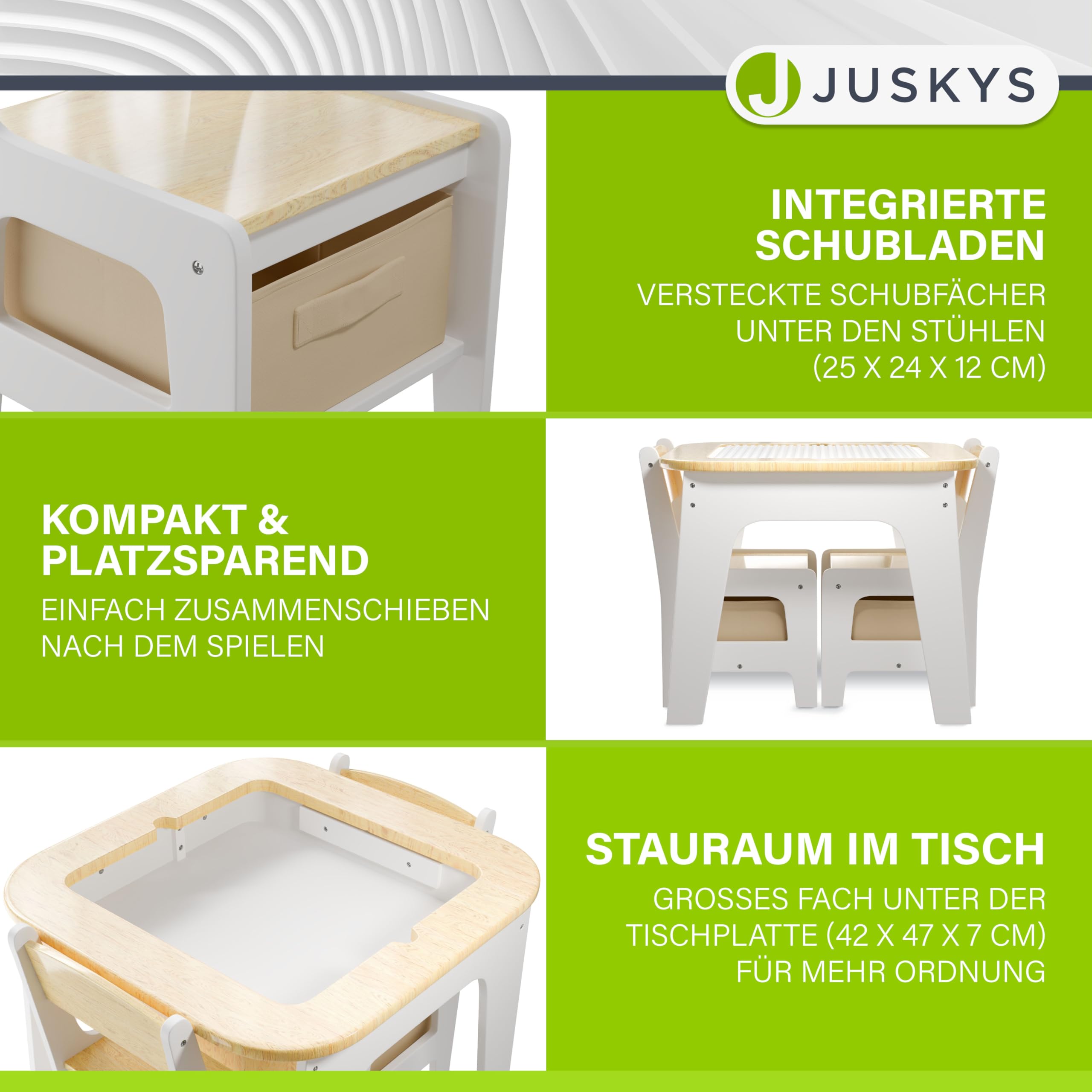 Juskys Kindersitzgruppe Milou - Set mit 2 Stühlen & 1 Tisch - Kindertisch Holz - Spieltisch mit Stauraum - Sitzgruppe für Kinder, Maltisch - Natur