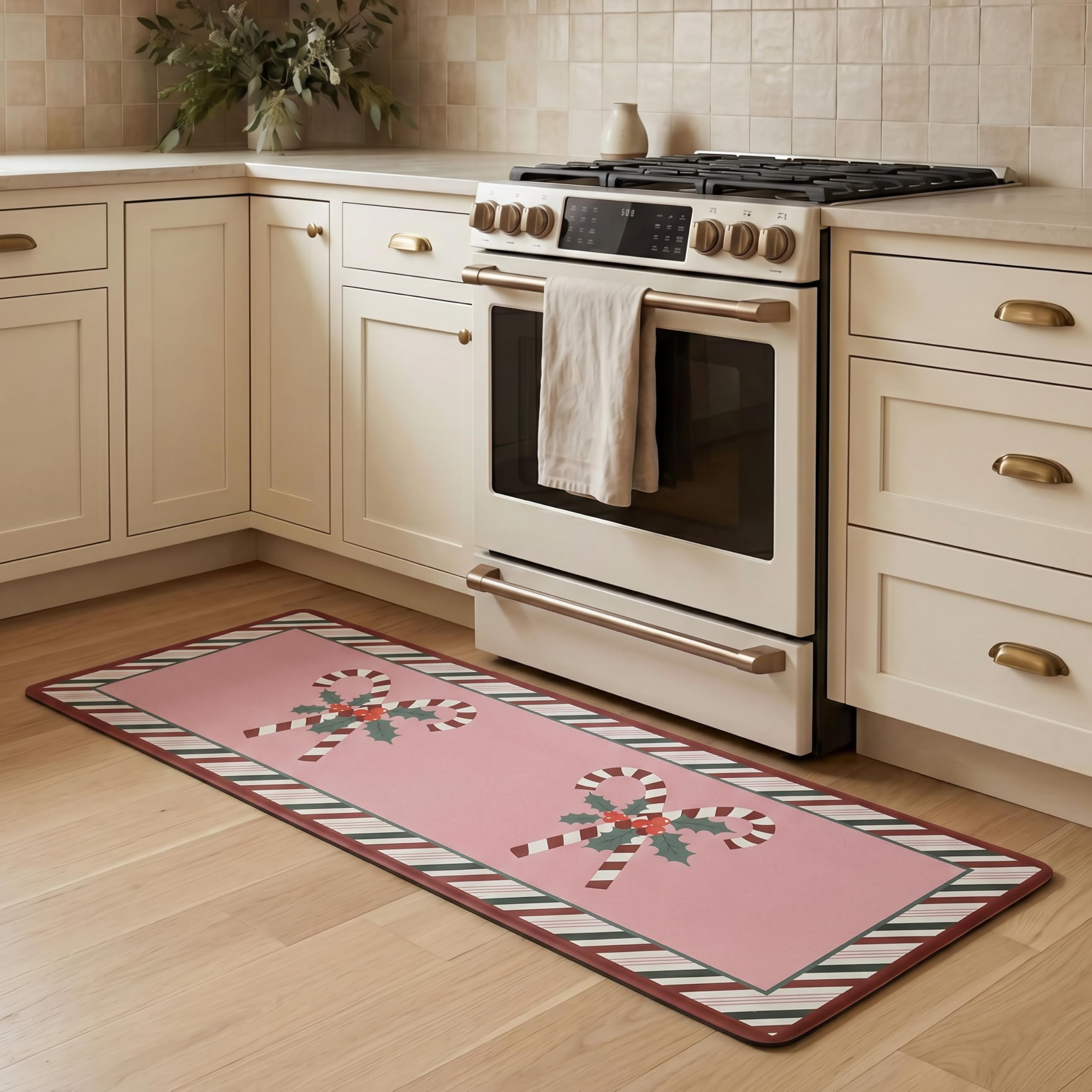 Laura Ashley Candy Cane Peppermint Border Anti Fatigue Kitchen Mat, Non Slip Cushioned Comfort Floor Mat, 17.5"x48", Pink