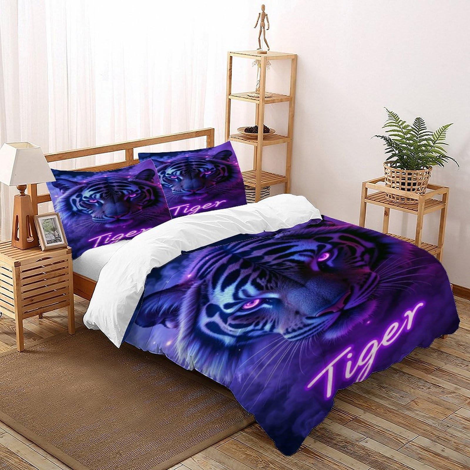 Housse de couette tigre violet parure lit double 200x200 microfibre