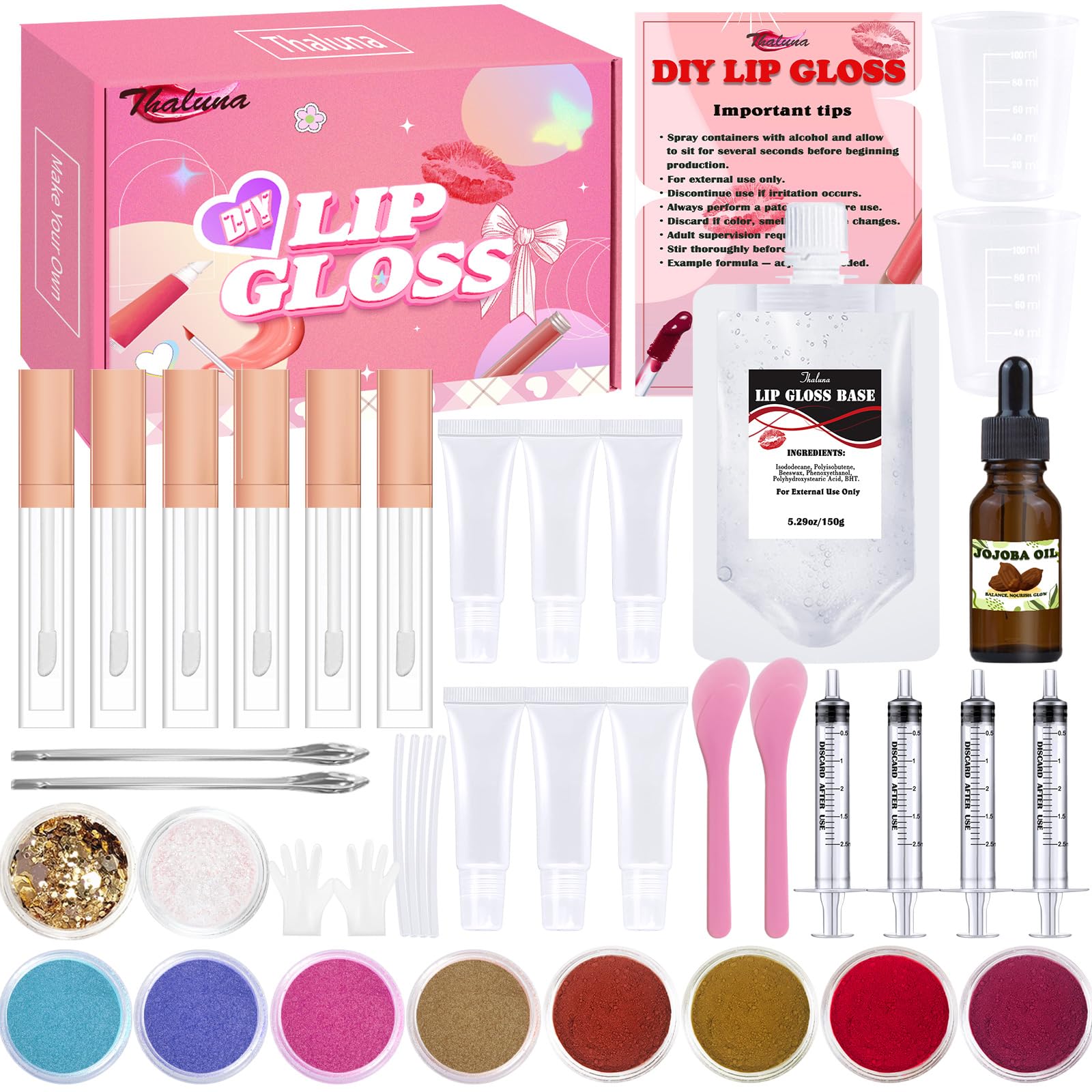 Thaluna Lip Gloss Making Kit, Fun Lip Gloss Kit to Make Your Own Lip Gloss for Girls, Women, Teens with Moisturizing Lipgloss Base, Jojoba Oil, Tubes, Pigments Lipgloss Set Christmas Gift for Women Pink