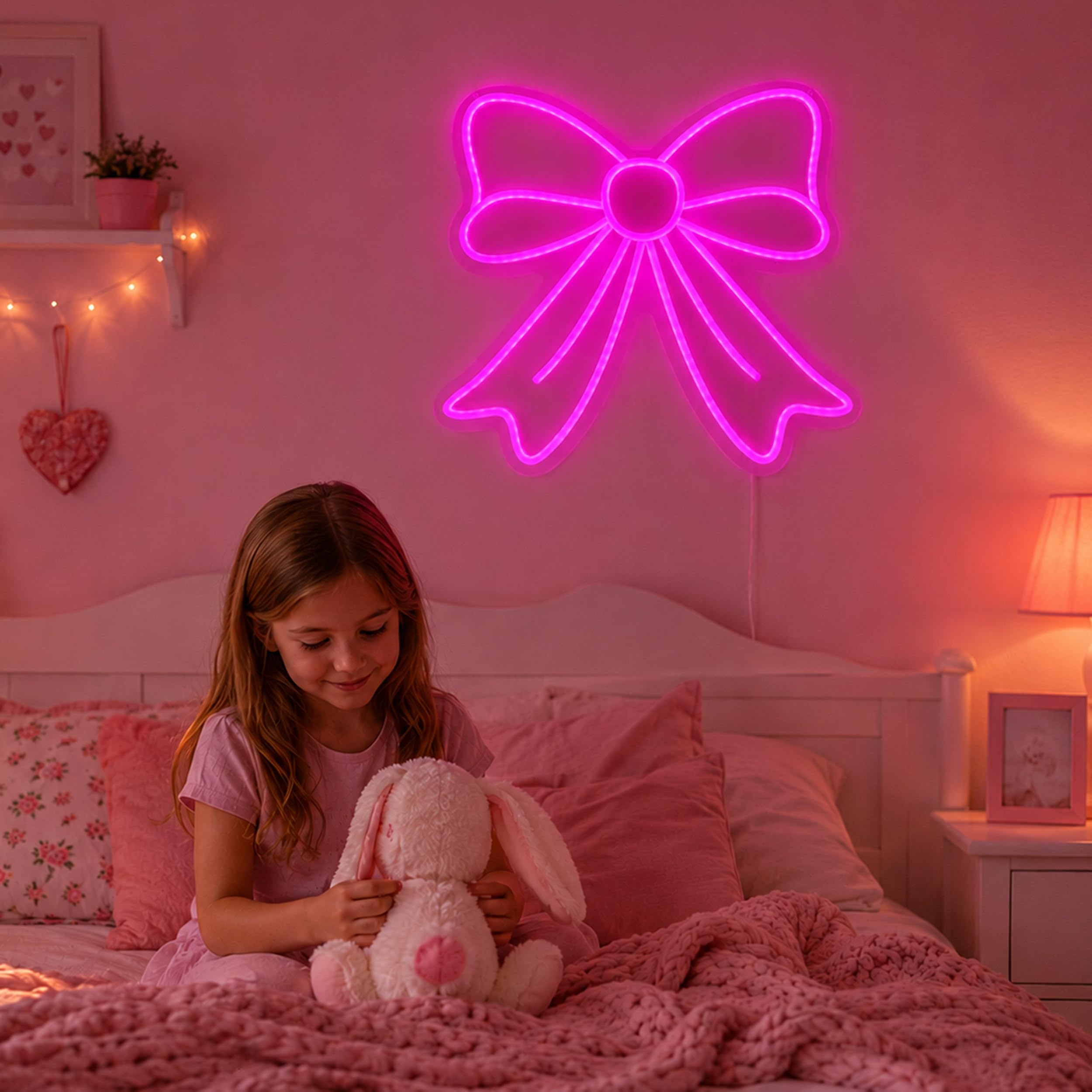 Letrero Neon pared Estética, Neon LED Lazo Rosa Vibrante con Cable USB, Decoracion habitacion Niña y Decoracion Gamer, Luz Nocturna Infantil Regalo Niña 6 Años a 18 Años