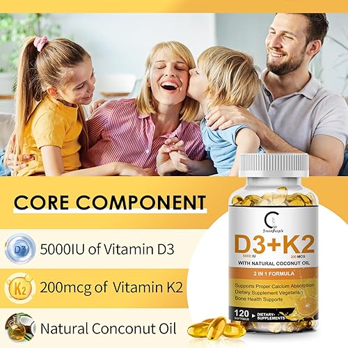 Miniatura 5 de Suplemento de vitamina D3 K2 con vitamina D3 5000 UI, 200 mcg de vitamina K2 MK-7 y aceite de coco natural, fórmula 2-1 a base de plantas para apoyo