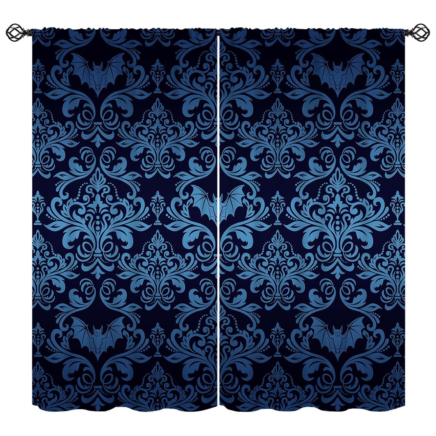 moderw Blue Damask Gothic Vintage Curtains Antique Floral Victorian Goth Window Treatments for Bedroom Bat Bats Skull Bone Bohemian Blackout Window Drapes for Living Room W84xL84in