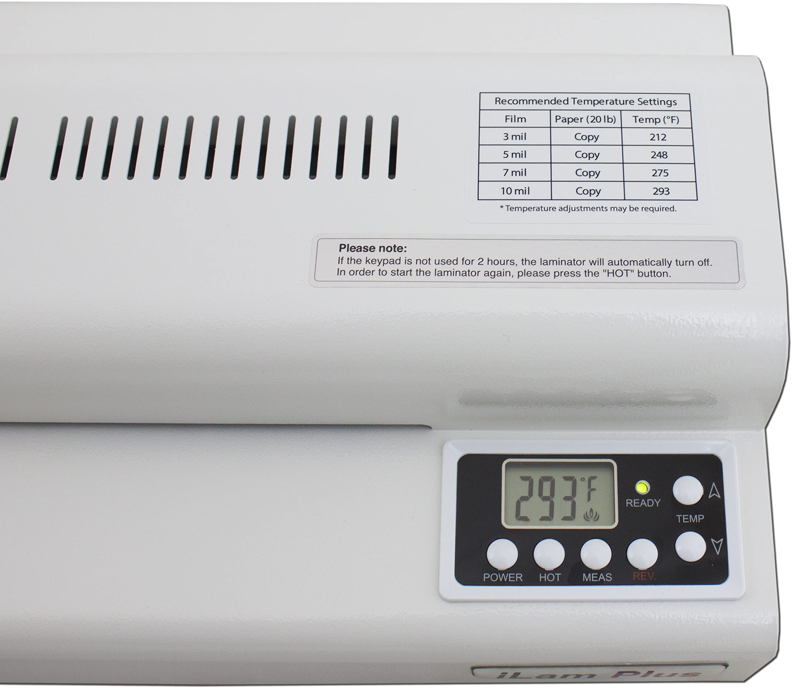 Akiles AILP Model ILAM Plus 4 Roller Pouch Laminator, White; Auto Shut Off; 4 Roller Thermal System; Silicone Rollers; Metal Gears; All Metal Construction; Jam Release (Reverse) Switch