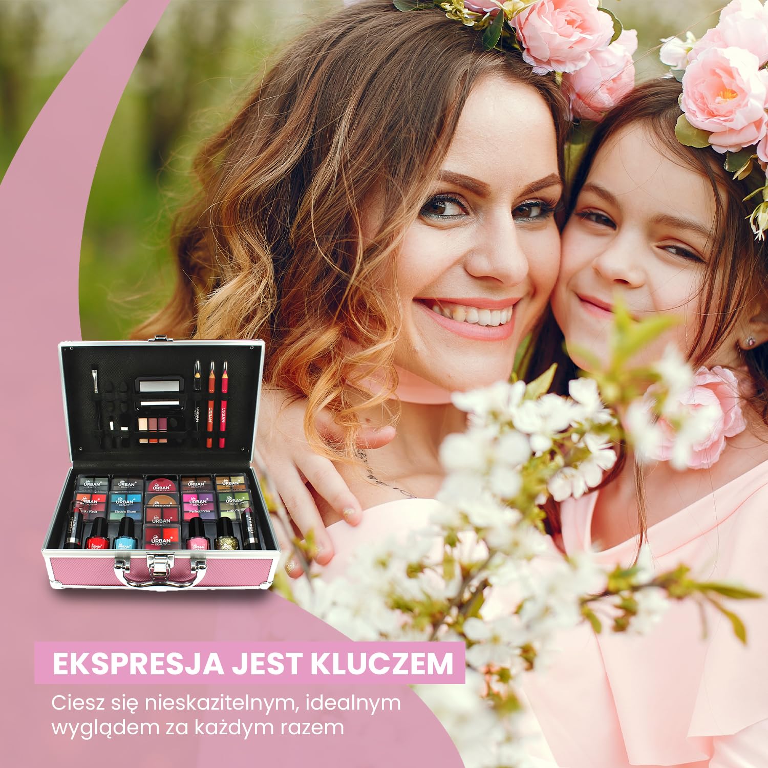 LOVE URBAN BEAUTY Wegański Gorący różowy kosmetyczka do makijażu 82-elementowy zestaw do makijażu dla nastolatków i kobiet z cieniami do powiek, różem