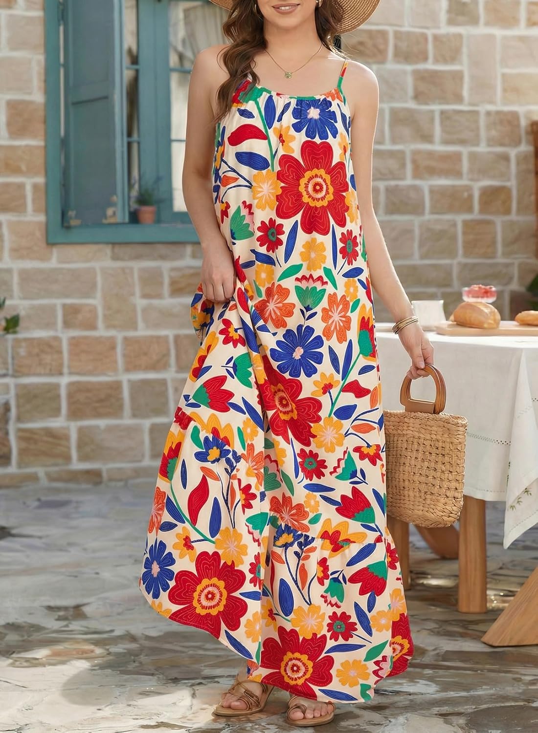 Dokotoo Women Summer Dresses 2026 Spaghetti Strap Scoop Neck Smocked Ruffle Flowy Boho Maxi Dress - Image 3