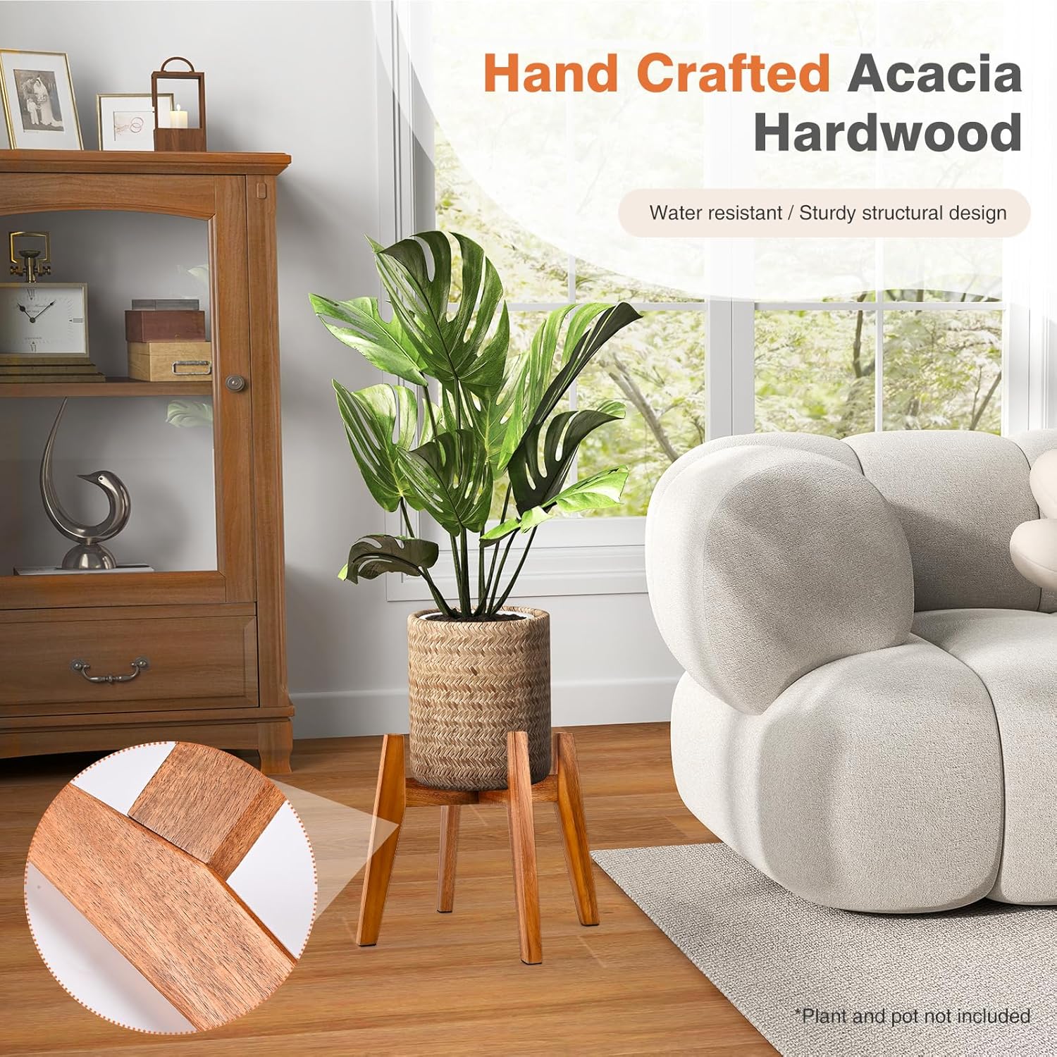 RAINBLELAND Acacia Wood Plant Stand for 9 Inch Pots, Mid Century Modern Indoor Plant Stand, Solid Hardwood, Non-Adjustable Flower Pot Holder for Home and Patio Décor