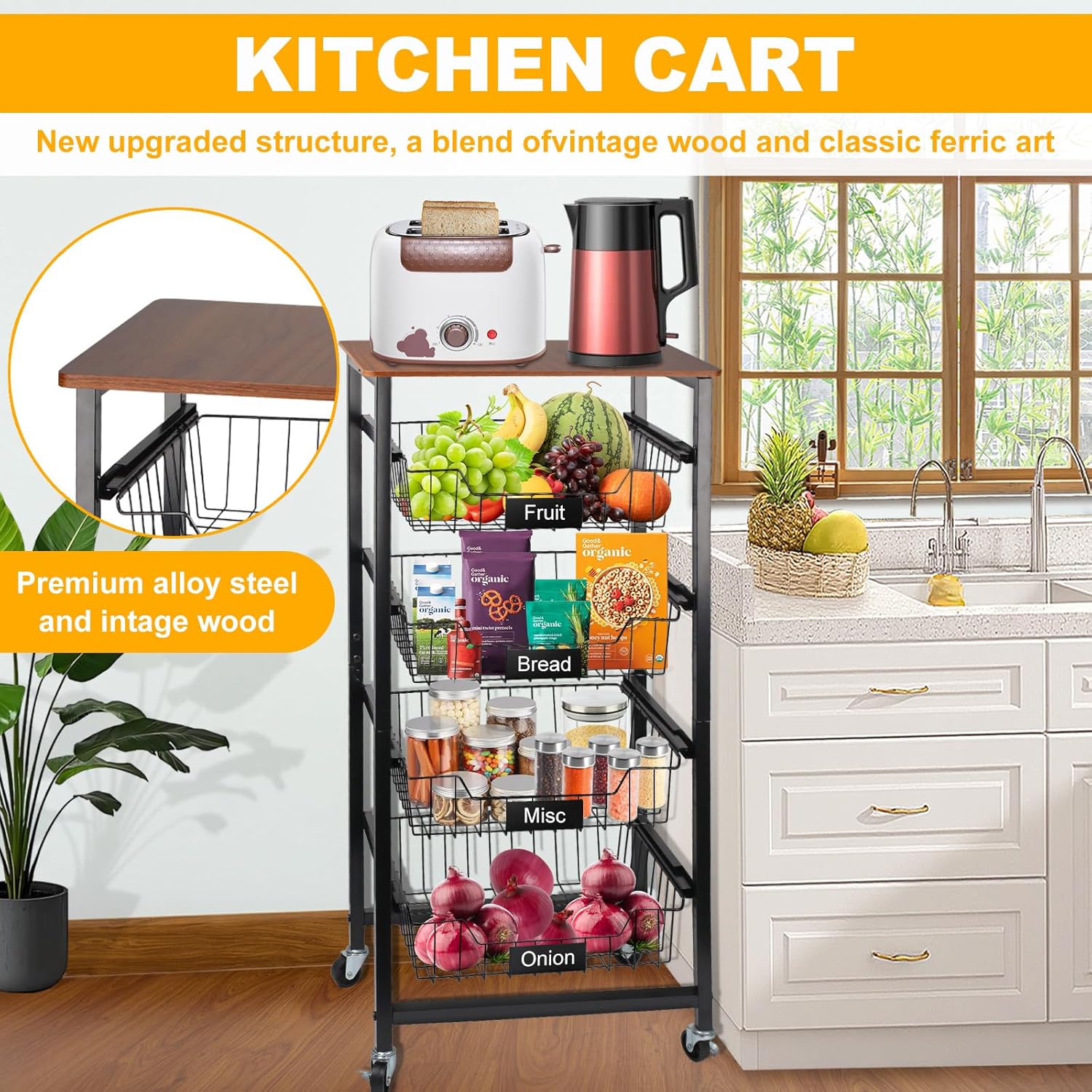 5-Tier Kitchen Cart with Wheels & Pull-Out Baskets – Rolling Pantry Organizer for Fruits, Vegetables, Potatoes, Onions, Snacks – Sturdy Metal Frame & Wood Top, Space-Saving Storage Solution