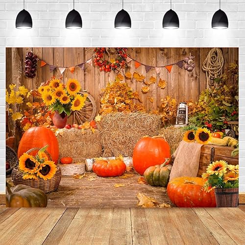 Miniatura 7 de CapiSco Fondo de fotos de otoño de Acción de Gracias de Halloween para fotografía, fondo de vinilo, piso de madera, granero, calabazas de otoño,