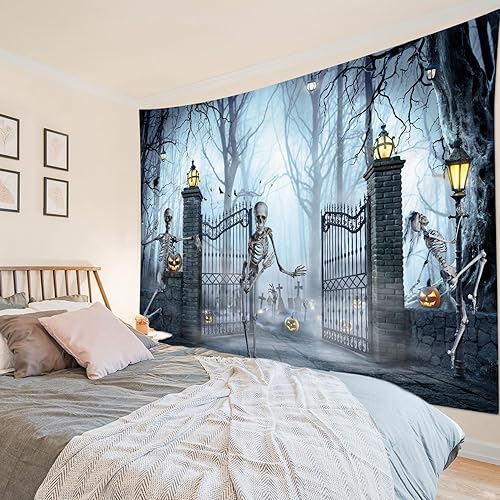 Miniatura 3 de HVEST Colgante de pared de Halloween, esqueleto de terror, cementerio de calabaza, bosque muerto brumoso, tapiz de noche de puerta espeluznante