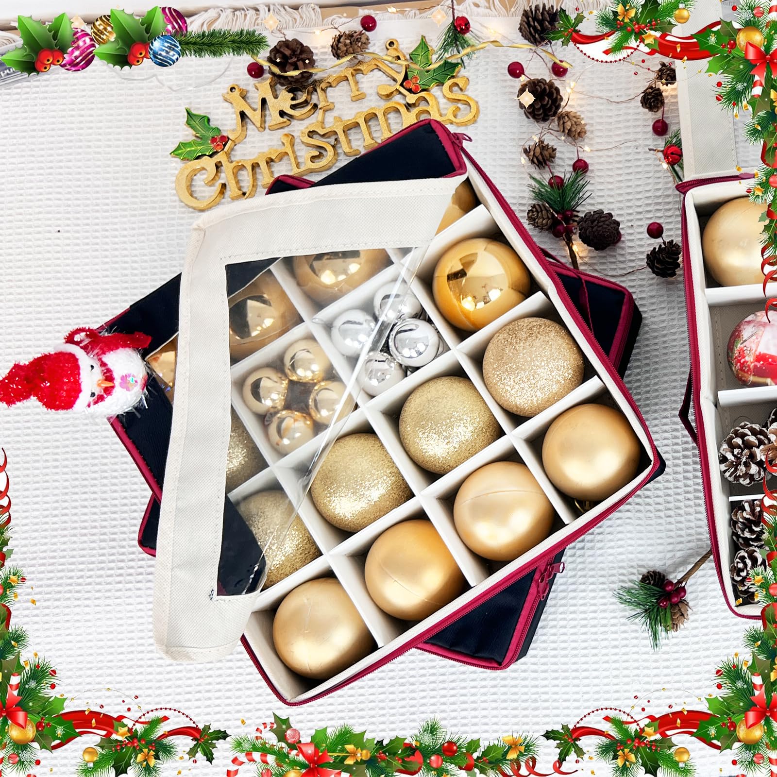 Caja de almacenamiento de adornos de bolas de Navidad con divisores, 4 organizadores plegables de decoraciones de Navidad con 2 asas y tapas para vacaciones (negro)